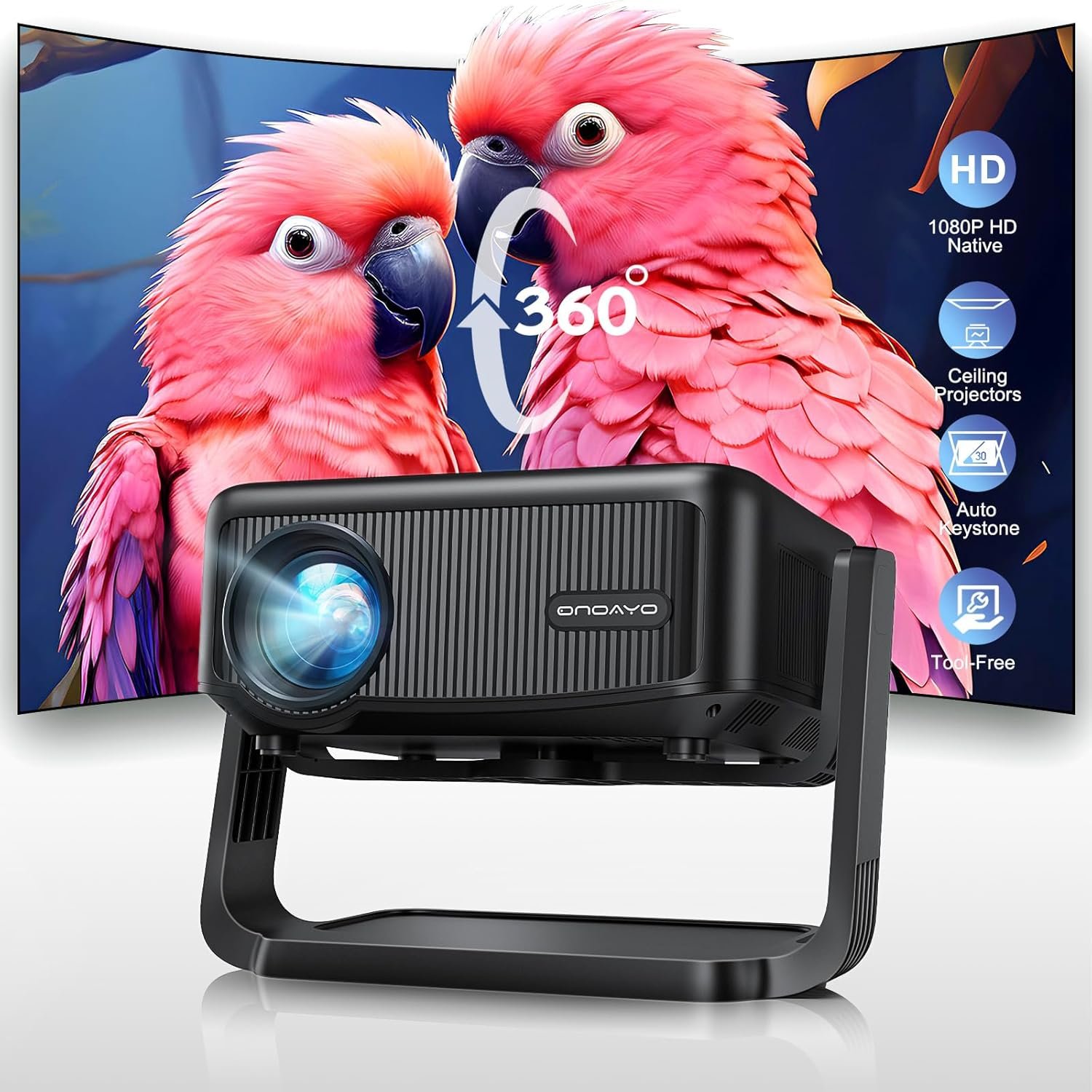 Mini-Projector with WiFi and Bluetooth: [1000 ANSI/360°Adjustable Stand/Electric Focus/Auto Keystone] Portable-Movie-Outdoor-Ceiling-Projector, ONOAYO Upgrade 1080P Proyector for Phone/Home Theater