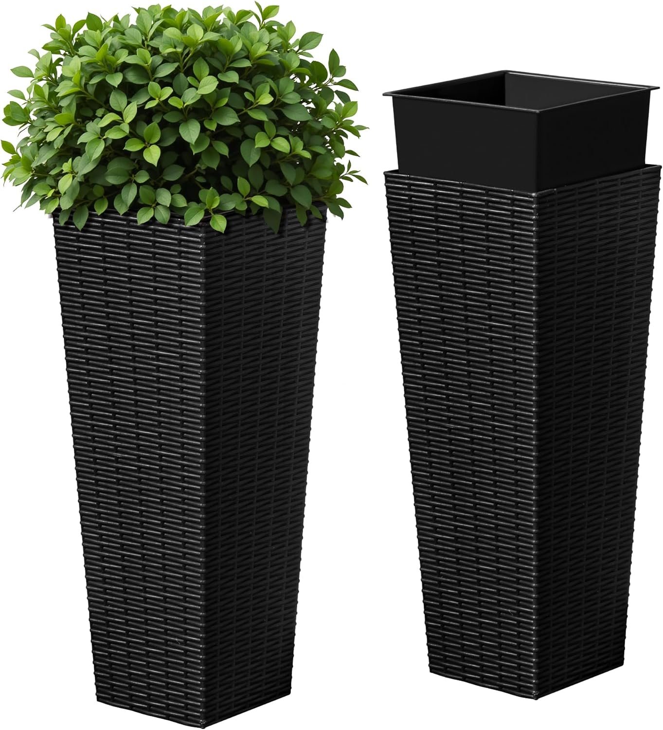 Devoko Resin Tall Planters for Outdoor Plants Set of 2, Large Taper Outdoor Planter Pots with 4 Drainage Holes, Flower Pots Modern Decor for Porch, Patio, Backyard, Home Garden (Black, 24″)