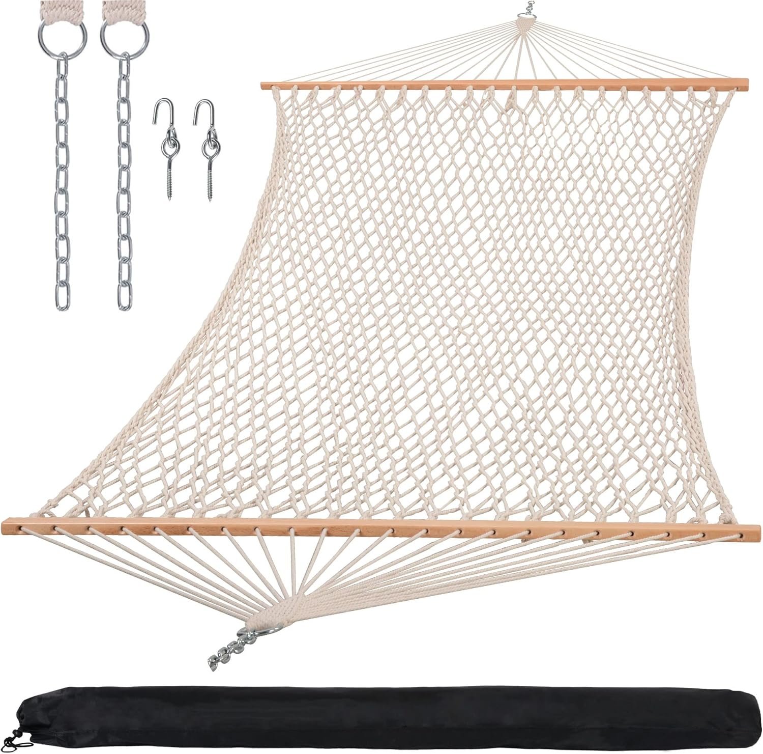 SUNCREAT Hammocks Traditional Rope Double Hammock with Hardwood Spreader Bar and Carrying Bag, 450 lbs Capacity, Natural