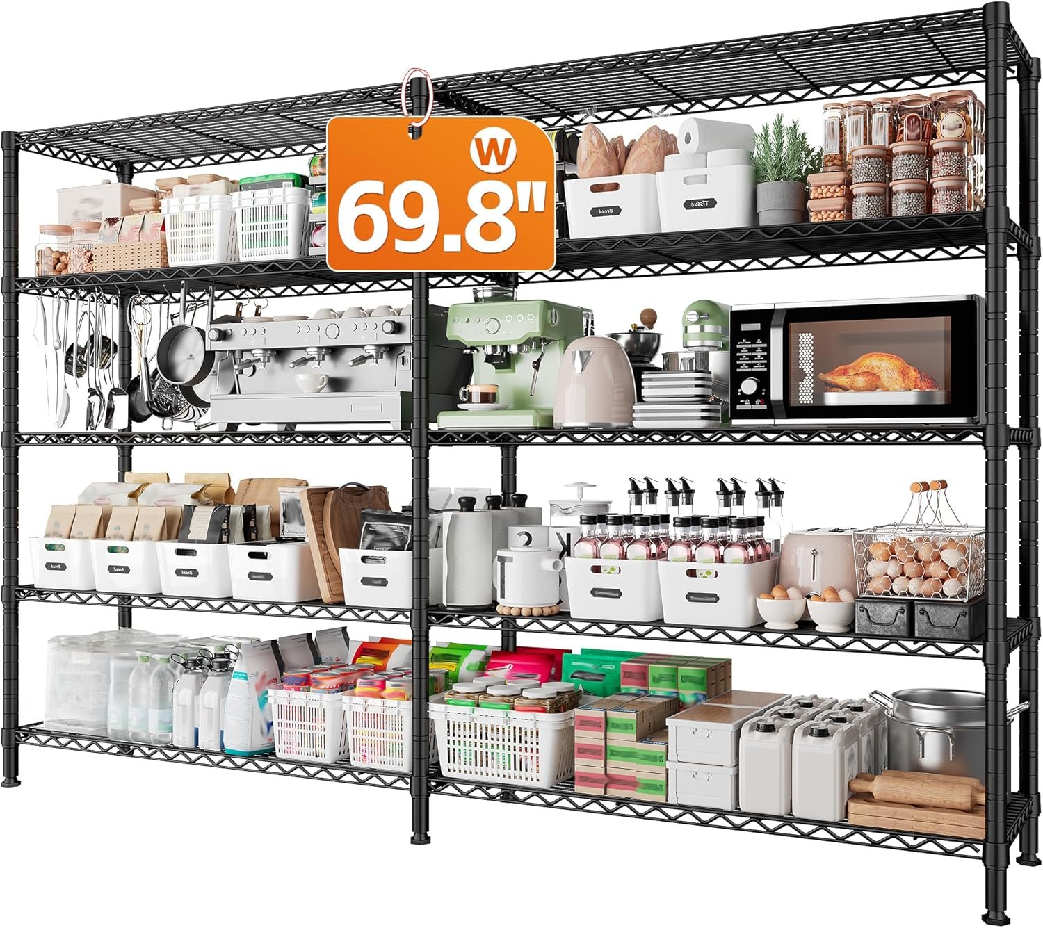 REIBII 1600LBS Storage Shelves 69.8”W Metal Shelving 5 Tier Wire Shelving Unit,Pantry Shelves Kitchen Shelves Adjustable Wire Commercial Shelf for Garage Storage Shelves, 69.8″ Wx15.8 Dx72.4 H, Black