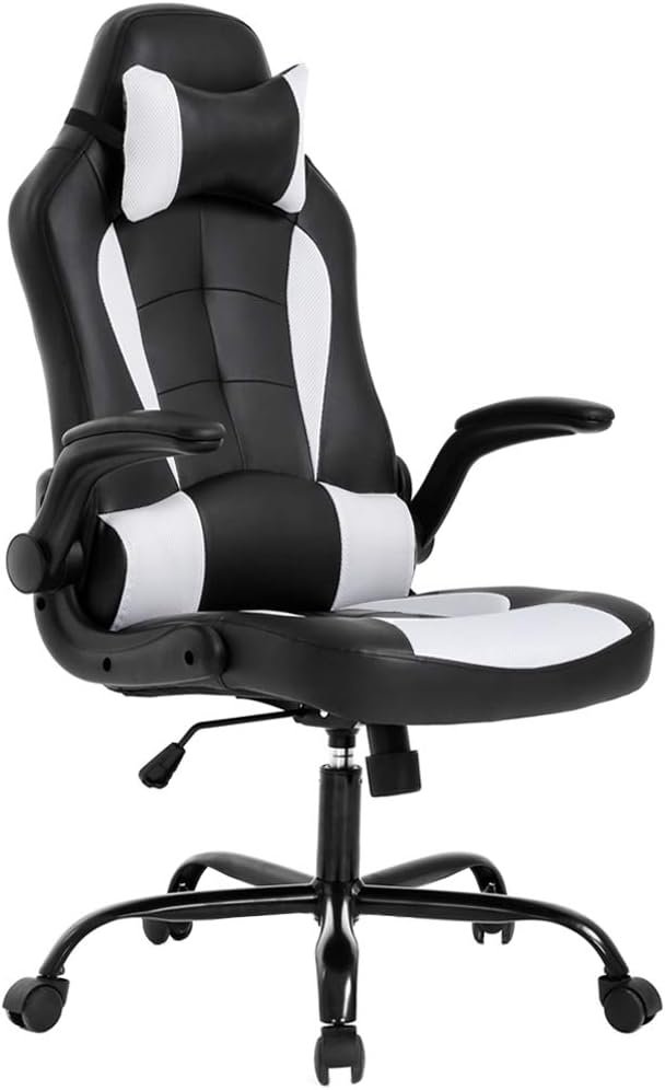 BestOffice PC Gaming Chair Ergonomic Office Chair Desk Chair with Lumbar Support Flip Up Arms Headrest PU Leather Executive High Back Computer Chair for Adults Women Men, Black and White