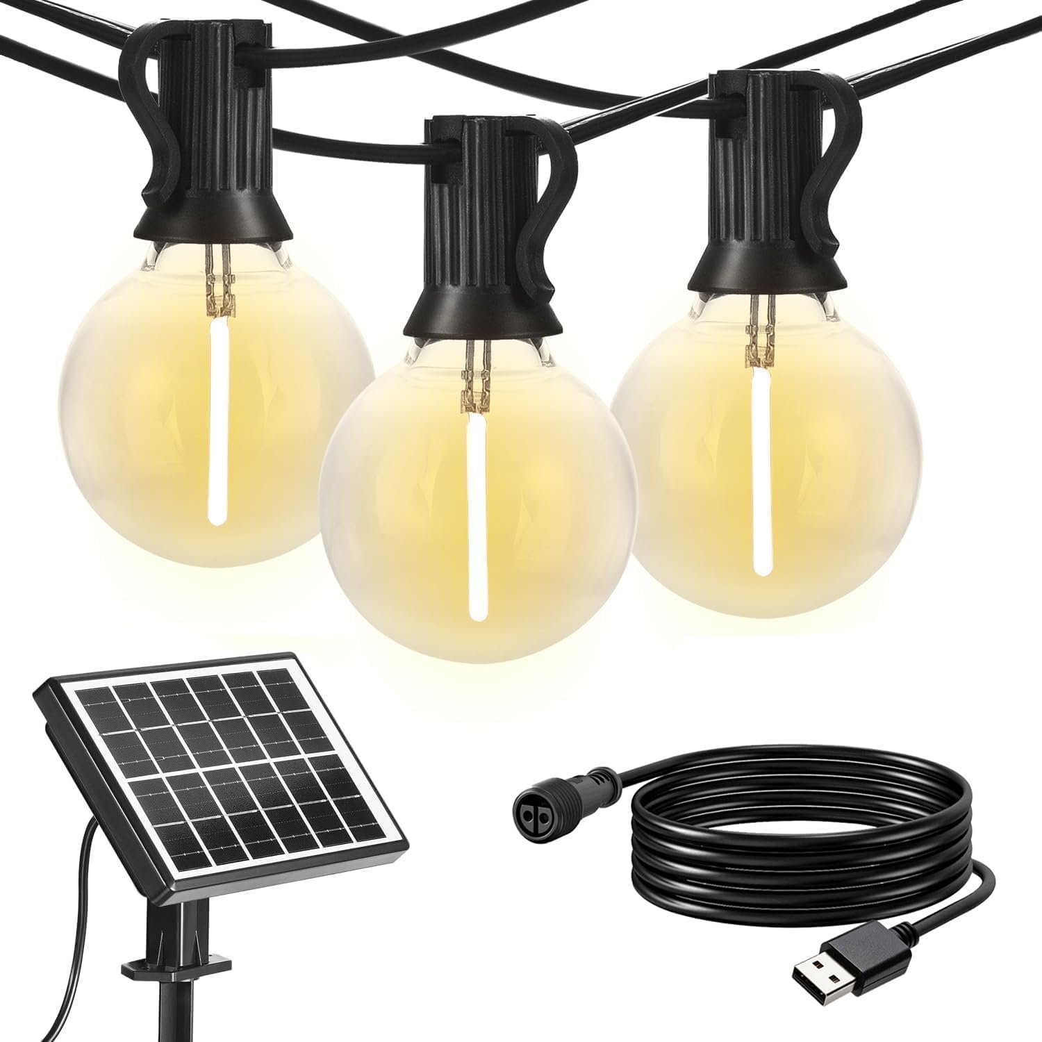 SUNTHIN 50ft Solar String Lights, USB Rechargeable Solar Outdoor Lights with 24 Waterproof & Shatterproof G40 LED Bulbs for Patio, Porch, Garden, Deck, Bistro, Cafe, Camping
