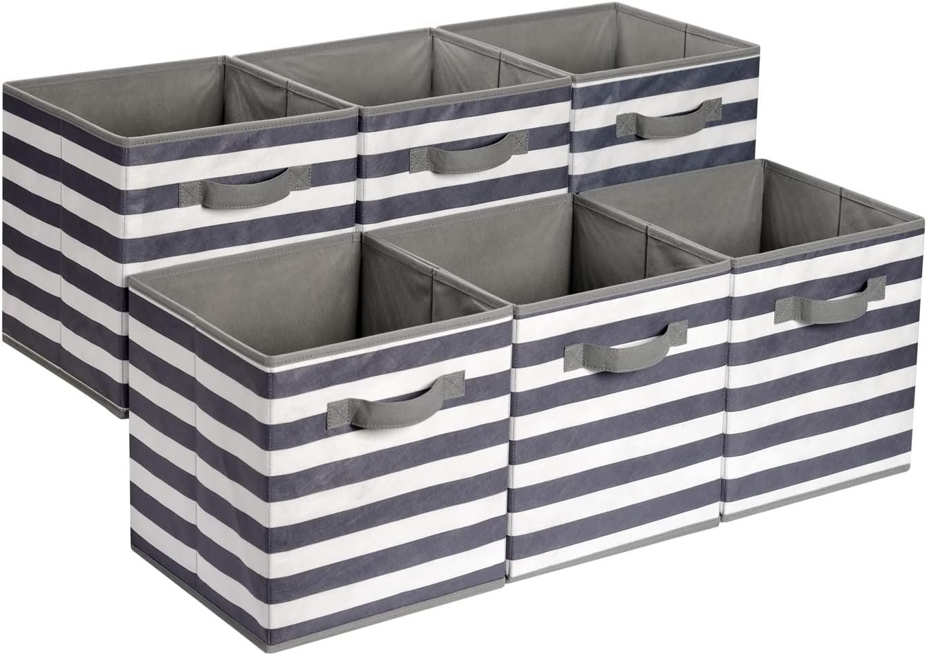 Amazon Basics Cube Organizer Storage Bins Handles, Collapsible Fabric, Pack of 6, 10.5″x10.5″x11″, White/ Light Grey Stripe