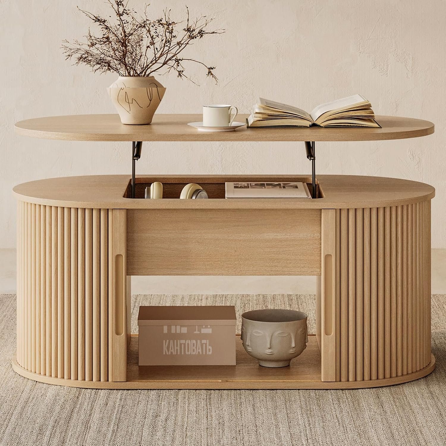 LINSY Lift Top Coffee Table, Oval Fluted Coffee Table with Storage, Boho Wooden Coffee Tables with Sliding Tambour Door, 39″ Center Table for Living Room, Office, Small Space, Natural Oak