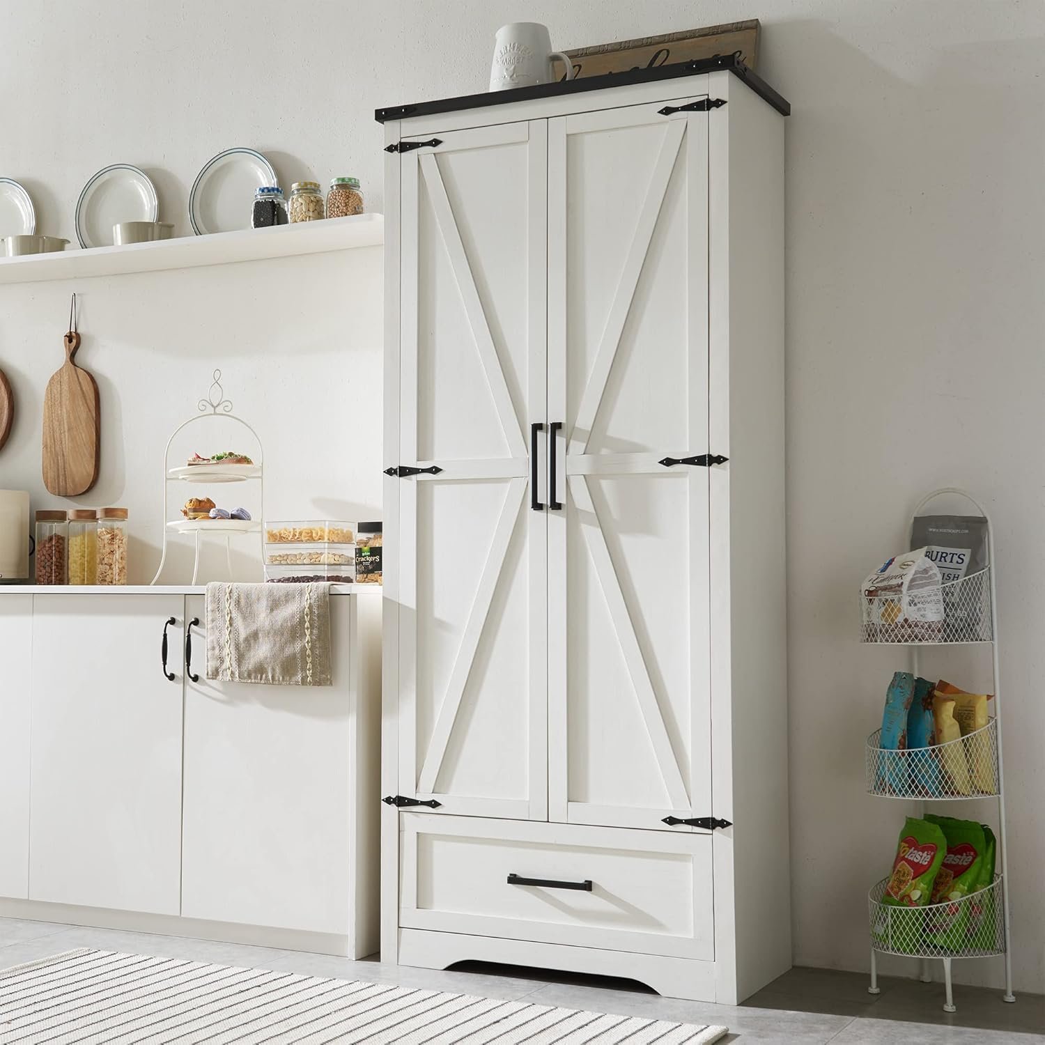 JXQTLINGMU Farmhouse Kitchen Pantry Cabinet – 72″ Tall Wood Kitchen Storage Cabinets with Adjustable Shelves & 2 Barn Style Doors & Drawer, Versatile Storage for Dining Room, Bathroom, Antique White