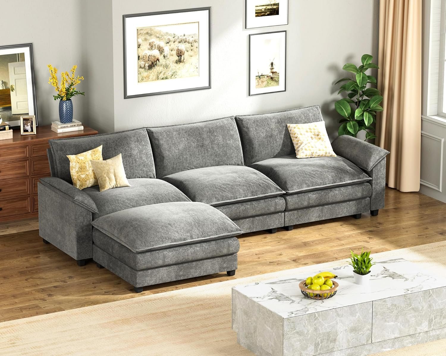 Homall 119″ Modular Sectional Sofa, L Shaped Sofa Couch with Reversible Ottoman, DIY Combination Chenille Deep 3-Seat Cloud Couch for Living Room, Apartment (Light Grey, L Shaped Sofa)