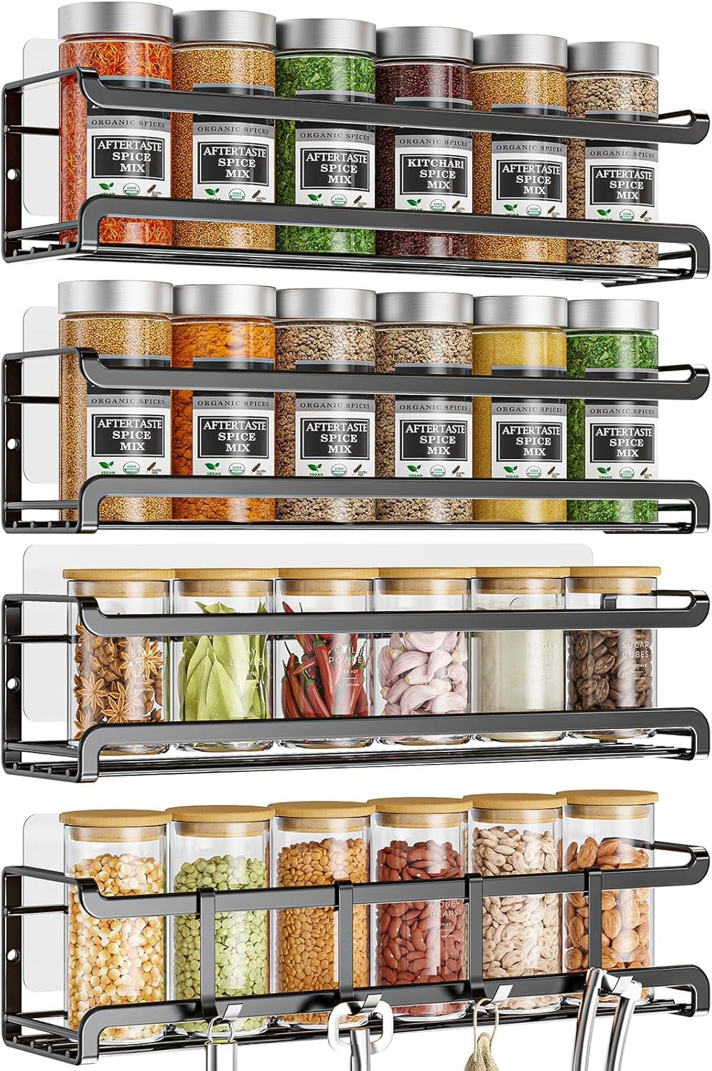 Spice Rack Wall Mounted 4 Pack,Space-Saving Spice Organizer for Spice Jars and Seasonings,Screw or Adhesive Hanging Spice Rack Organizer for Your Kitchen Cabinet,Pantry Door,11.41×2.75×2.75in