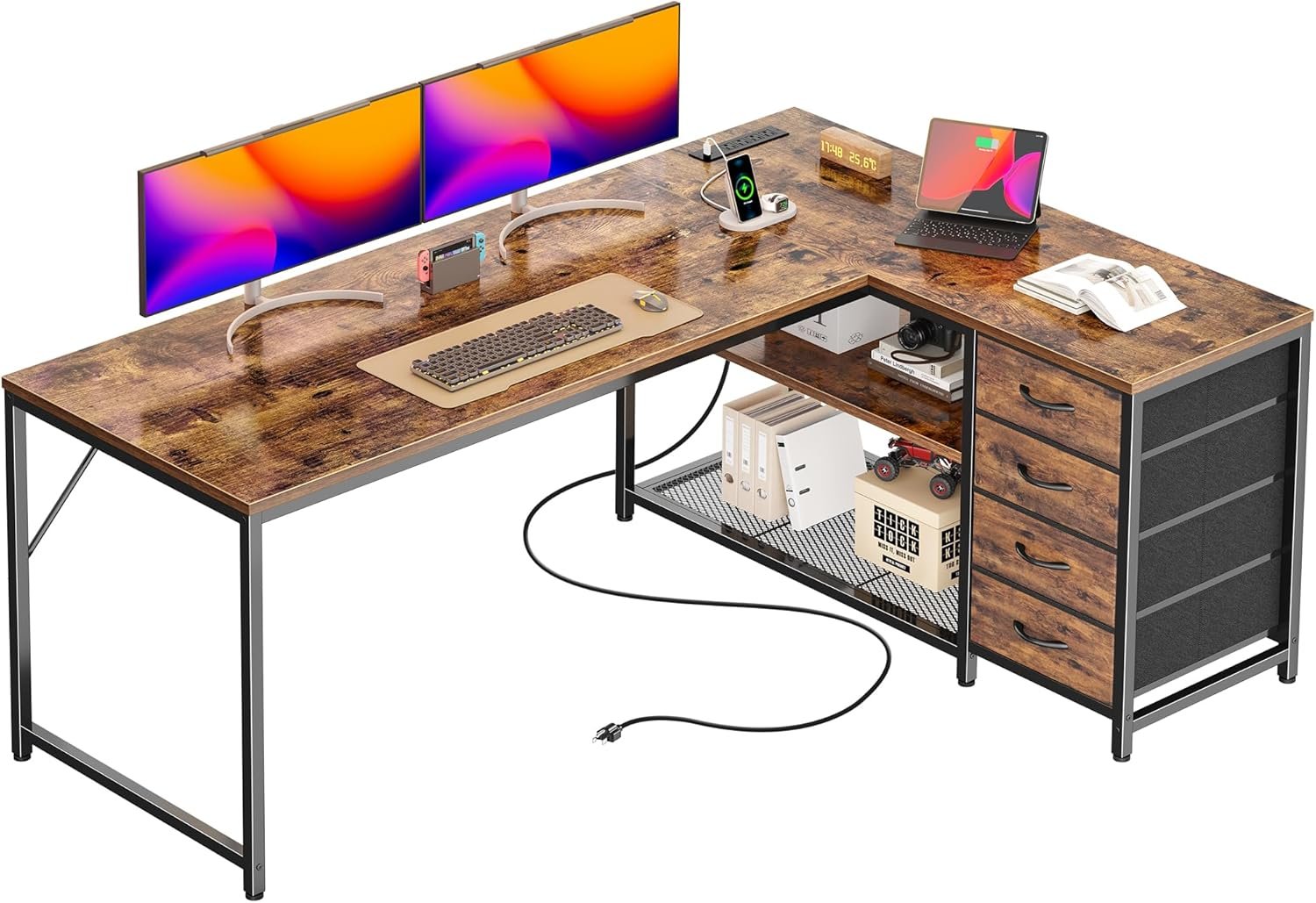 PRAISUN 61″ L Shaped Desk with Power Outlets and USB-C Port, Reversible Computer Corner Office Desk with 4 Fabric Drawers and 2 Height-Adjustable Shelves, Large for Gaming Writing Study, Rustic Brown