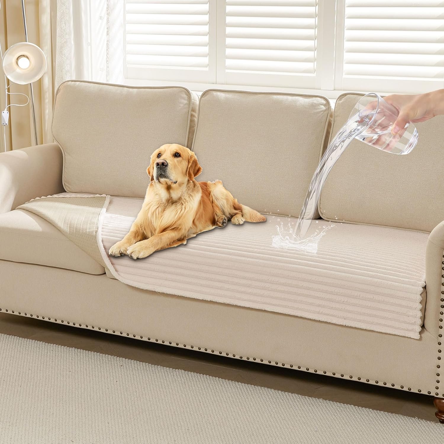 HAOMAIJIA Waterproof Couch Cover for Dogs Washable,Fuzzy Pet Couch Covers for Sofa,Thick Soft Dog Bed Cover Non-Slip Couch Covers for 3 Cushion Couch Sofa Pet Friendly (Off White, 35″ x 74″)
