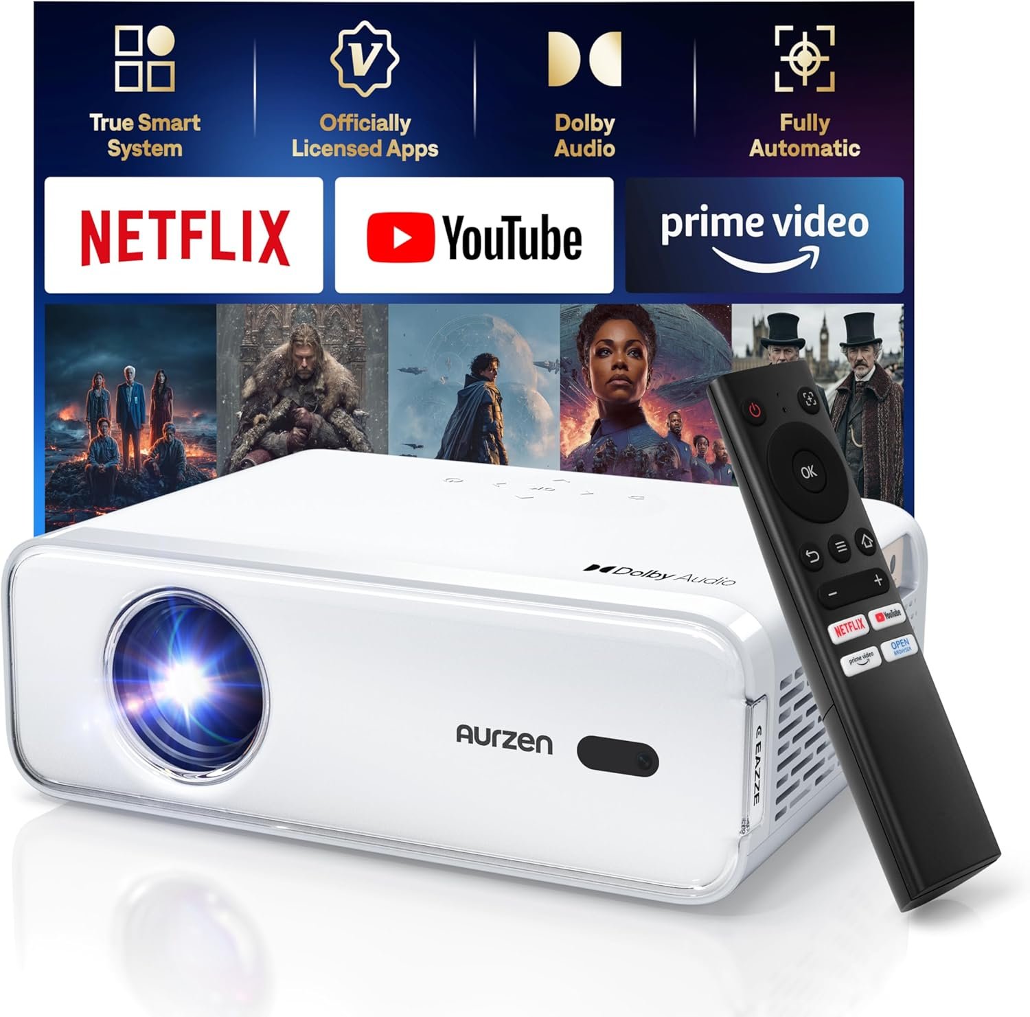 Aurzen EAZZE D1 Smart Projector with WiFi and Bluetooth, Christmas Gifts, Netflix-Officially-Licensed, Auto Focus & Keystone, DoIby Audio, Native 1080P Movie, Portable Outdoor Mini Projector, White