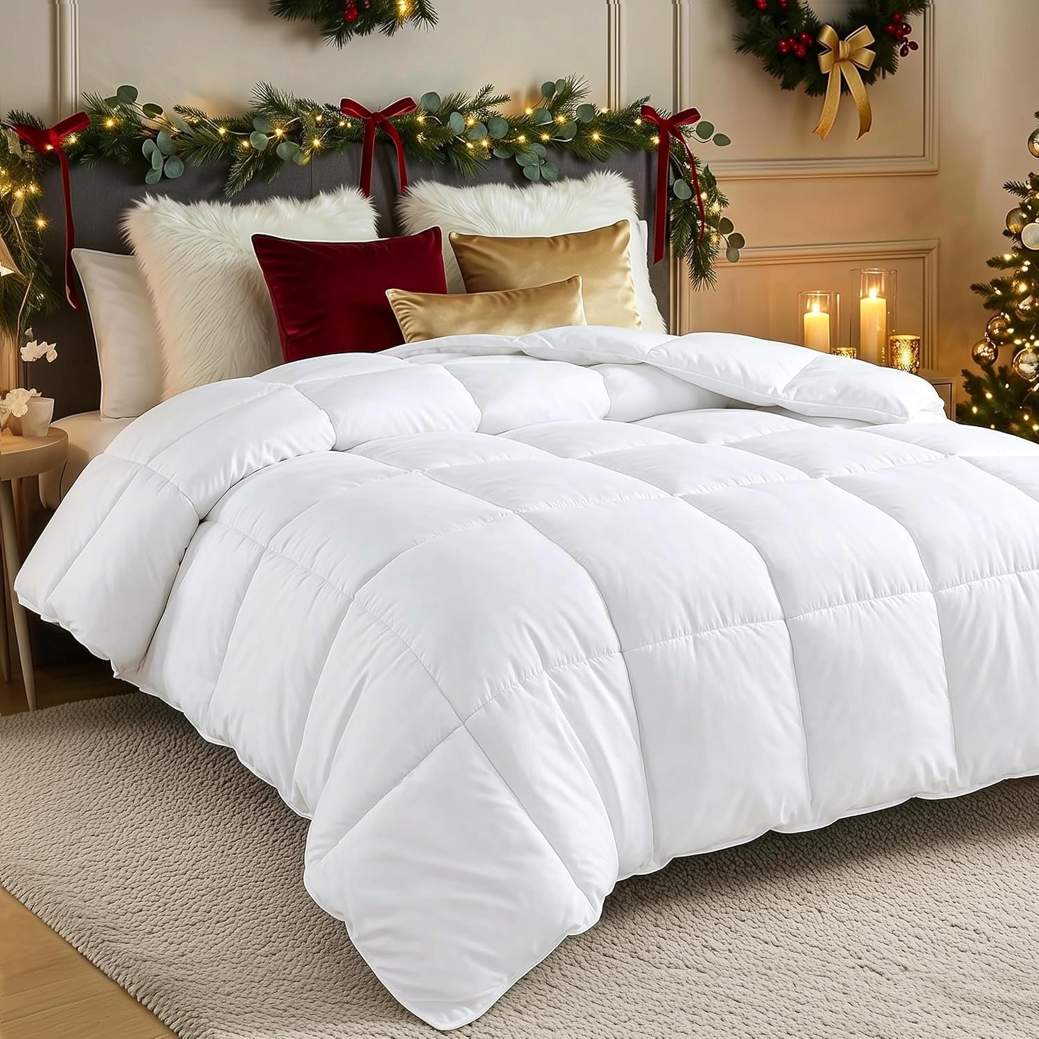 Utopia Bedding Comforters Queen Size, All Season Duvet Insert, Down Alternative Box Stitched Bed Comforter with Corner Tabs, Machine Washable (White)