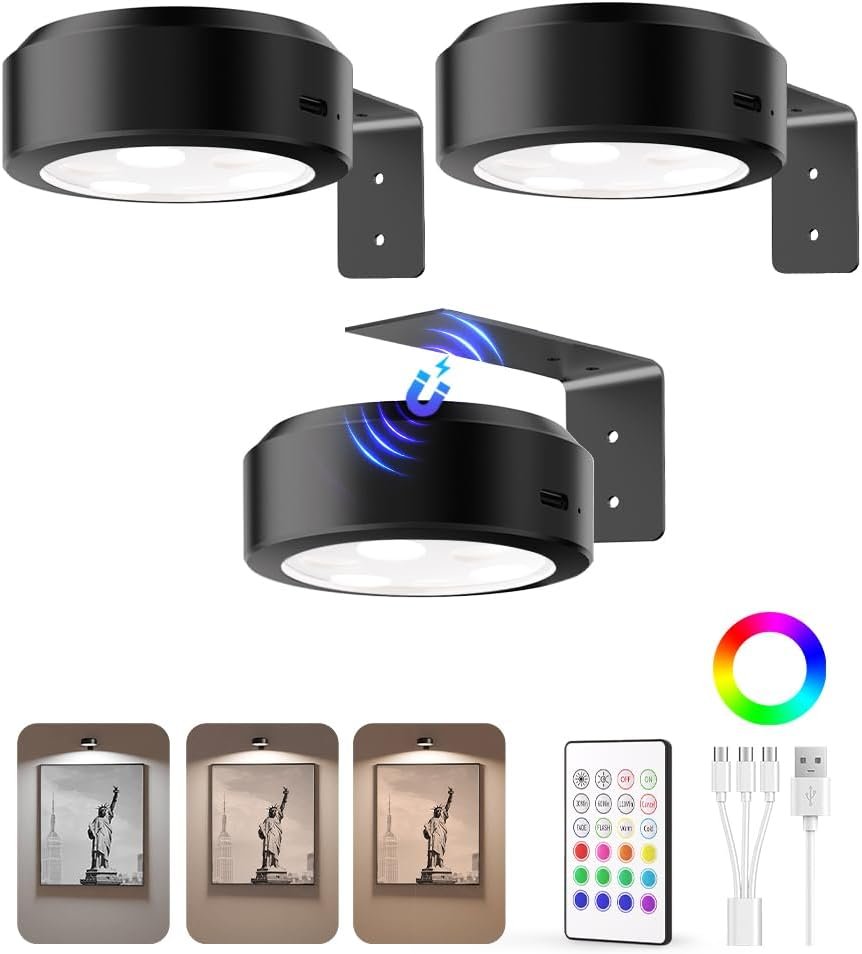 EZVALO Picture Lights for Wall, 2000mAh Rechargeable Battery Magnetic Poster Lights with 3 Color Temps & 12 RGB, Remote Dimmable Timer Painting Light, Wall Decor Light for Art Display, Frame (3 Pack)