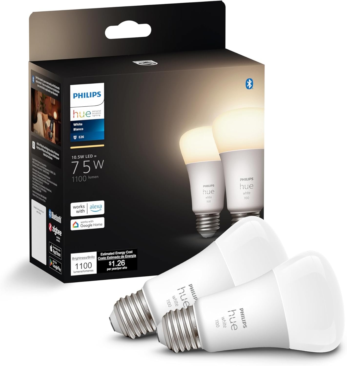 Philips Hue Smart 75W A19 LED Bulb – Soft Warm White Light – 2 Pack – 1100LM – E26 – Indoor – Control with Hue App – Works with Alexa, Google Assistant and Apple Homekit