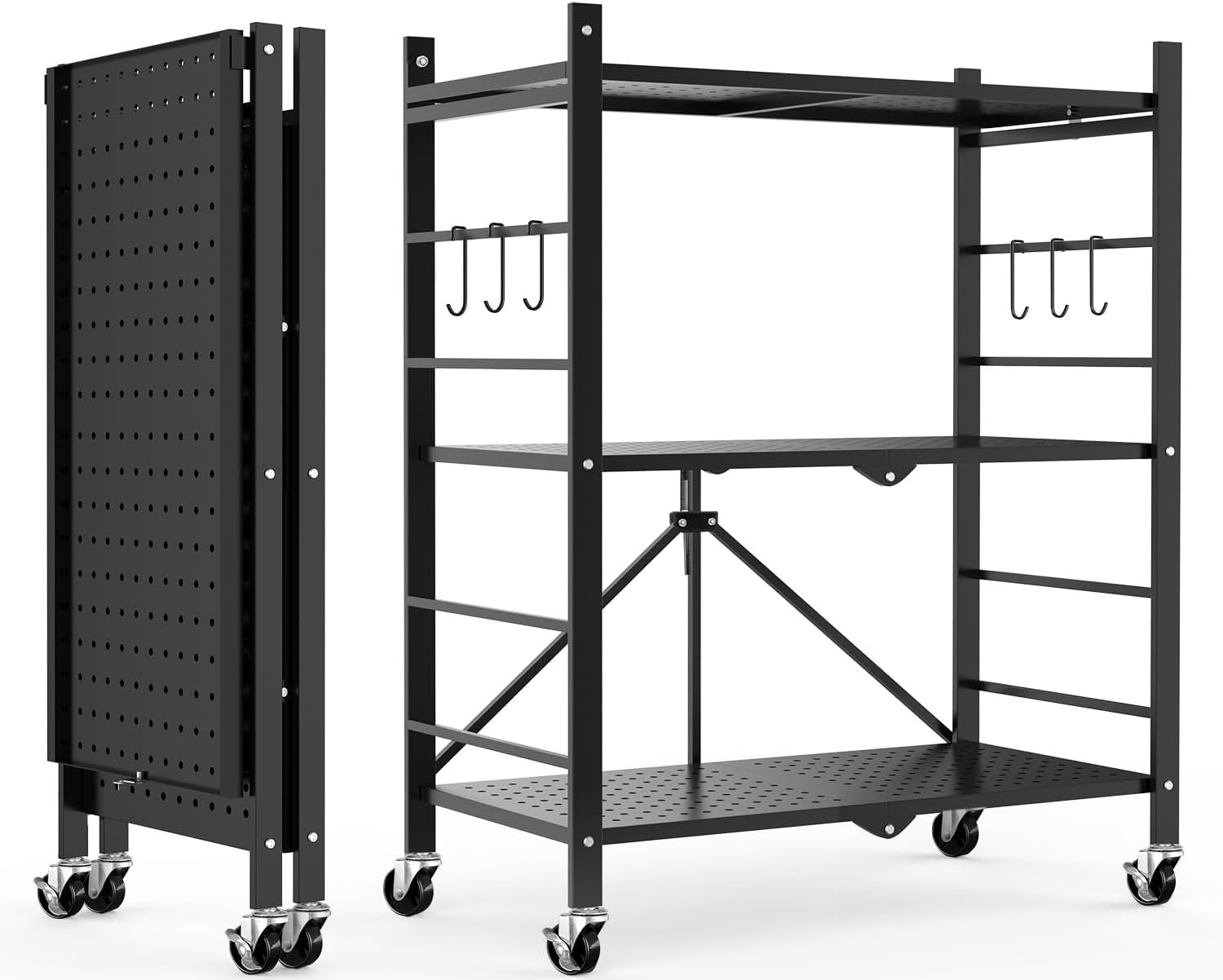 Himix Storage Shelves with 6 Hooks, 3 Tier Foldable Shelf with Wheels, Metal Storage Shelving Unit Rolling Cart, Utility Shelf Rack Organization Shelves for Pantry, Kitchen, Black – No Assembly