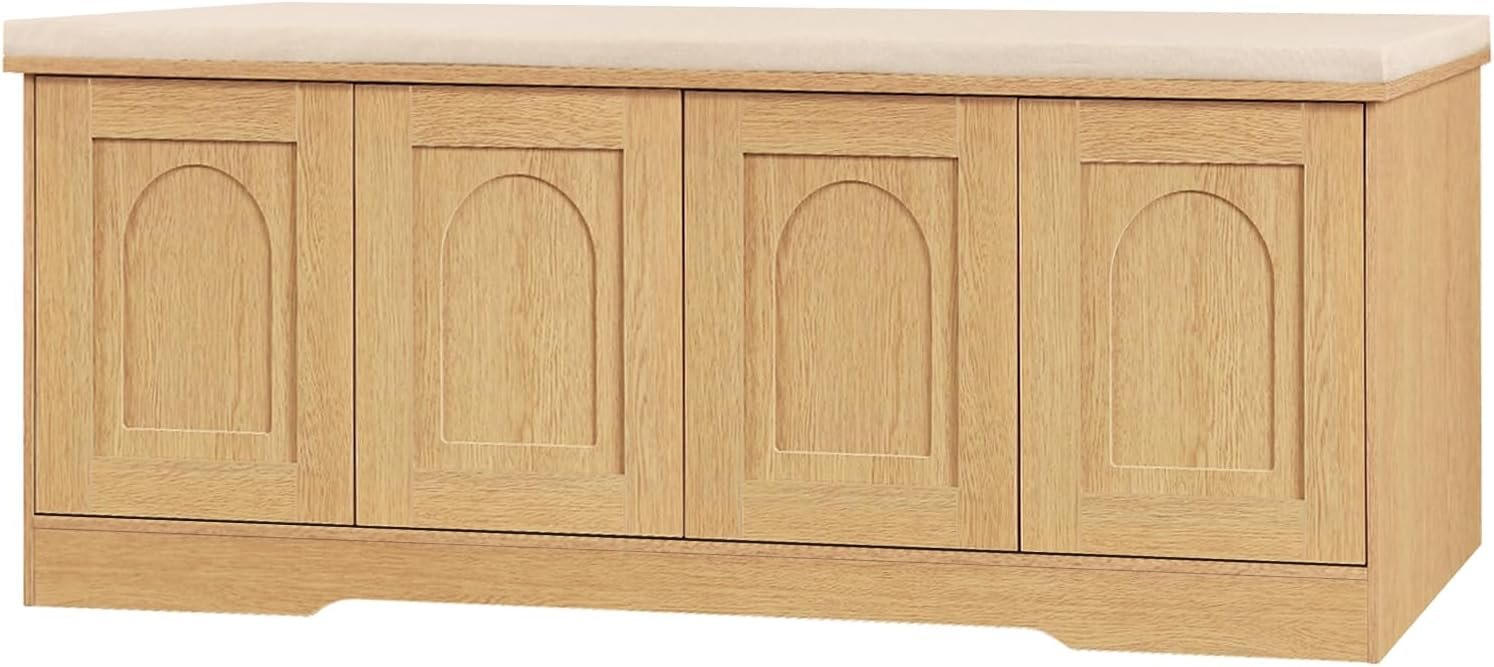 DINZI LVJ Shoe Bench, Entryway Storage Bench with Doors, Cushion, 2-Tier Shoe Rack with 8-Cubby, 47.2”L x 13.8”W Shoe Organizer Cabinet, Adjustable Shelf, Living Room, Bedroom, Natural