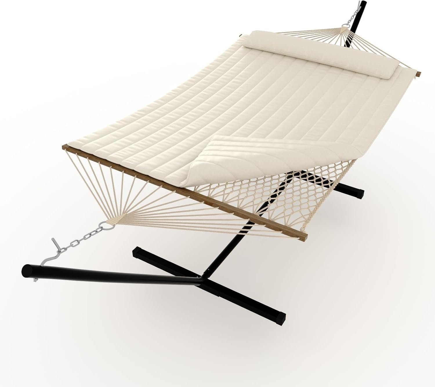 ​​2 Person Hammock with Heavy Duty 500Lb Capacity Stand – Portable Cotton Rope Hammock & Quilted Comfort Pad – Relax Together Indoor or Outdoor (Beige)​