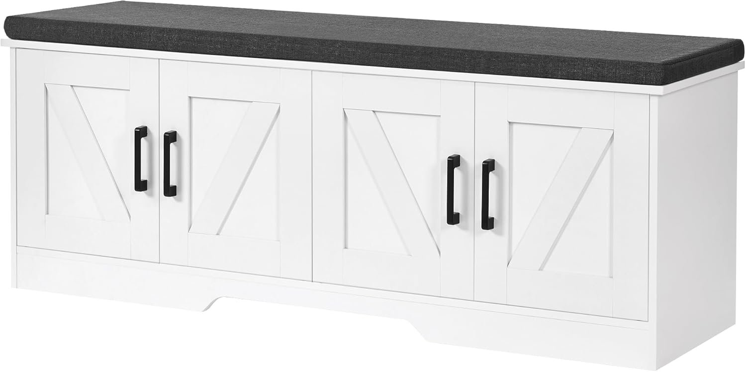 2-Tier Storage Bench, 47.2″ Wide Shoe Bench with Padded Seat Cushion, Entryway Bench with 4 Barn Doors and Adjustable Shelf, White