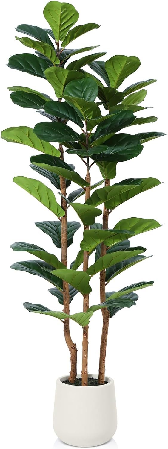 OAKRED Artificial Fiddle Leaf Fig Tree with White Planter,5ft Tall Fake Tree with Natural Wood Trunk for Home Decor, Faux Ficus Tree Fake Moss for Indoor Office Living Room