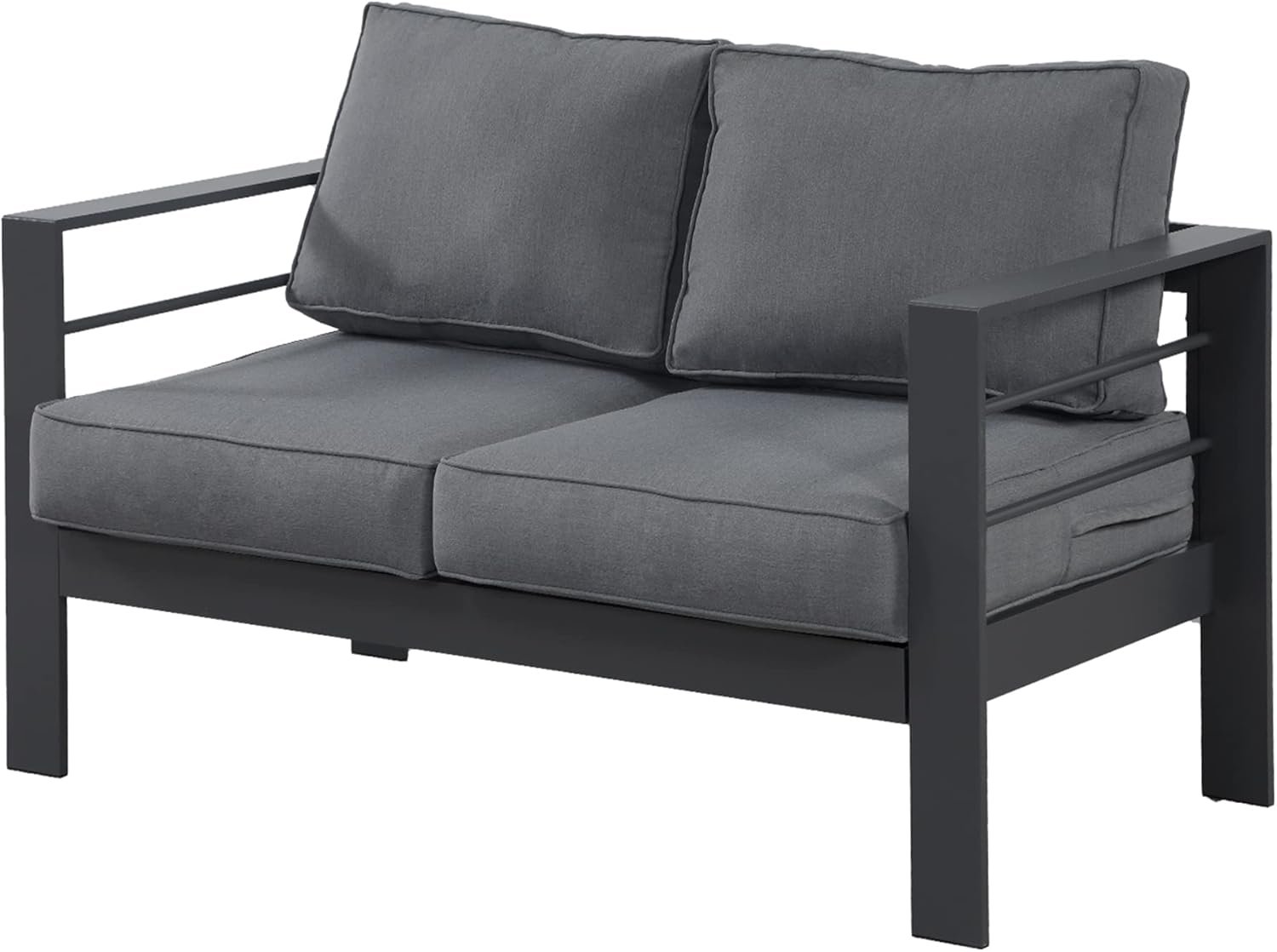 Wisteria Lane Patio Furniture Aluminum Loveseat, All-Weather Outdoor 2 Seats Sofa Couch, Gray Metal Chair with Dark Grey Cushions
