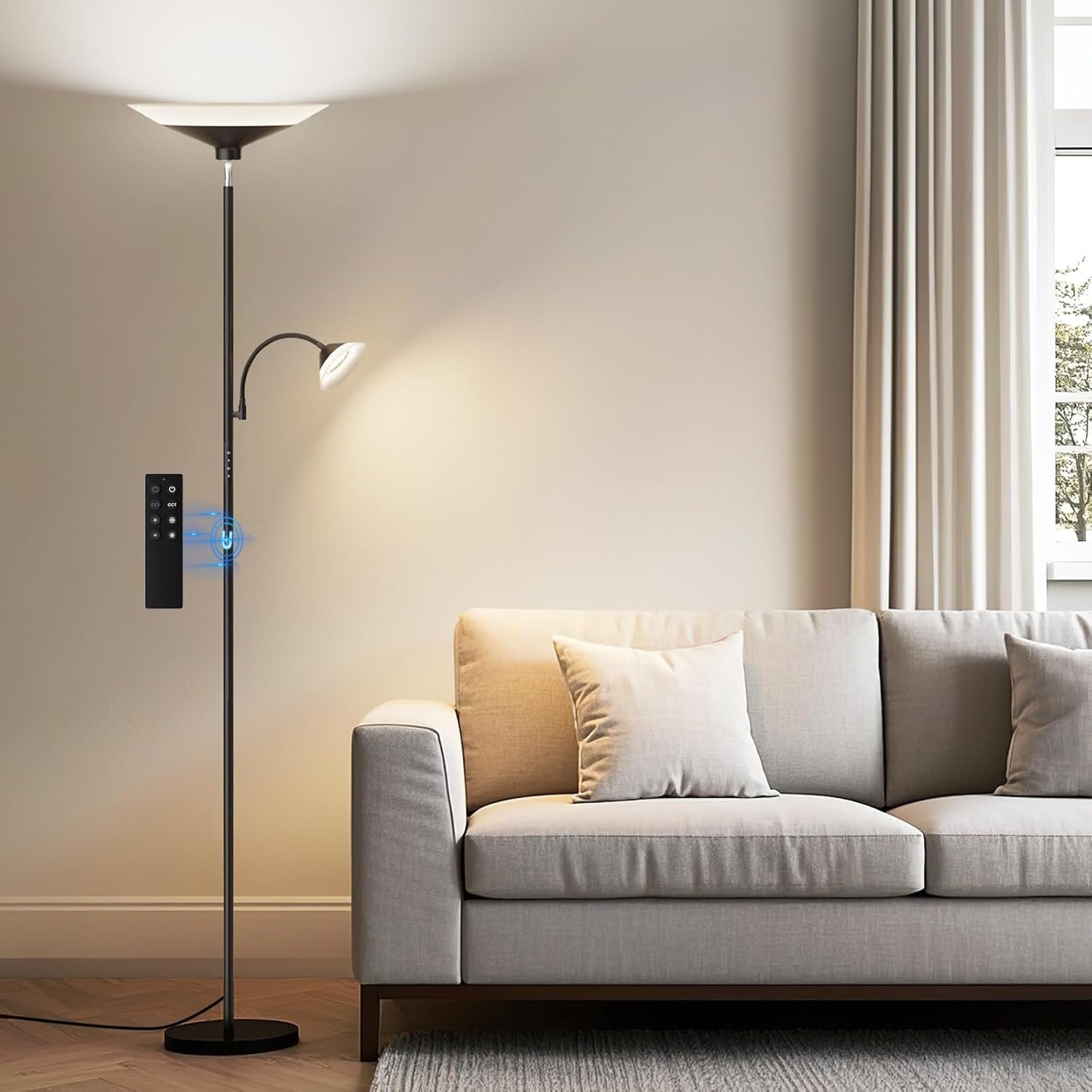 Upgraded 2-in-1 Torchiere Floor Lamp, Dimmable Standing Lamp with Remote&Touch Control, 34W Brightness Adjustable Floor Reading Light, Black Modern Corner Lamp for Living Room Bedroom Office