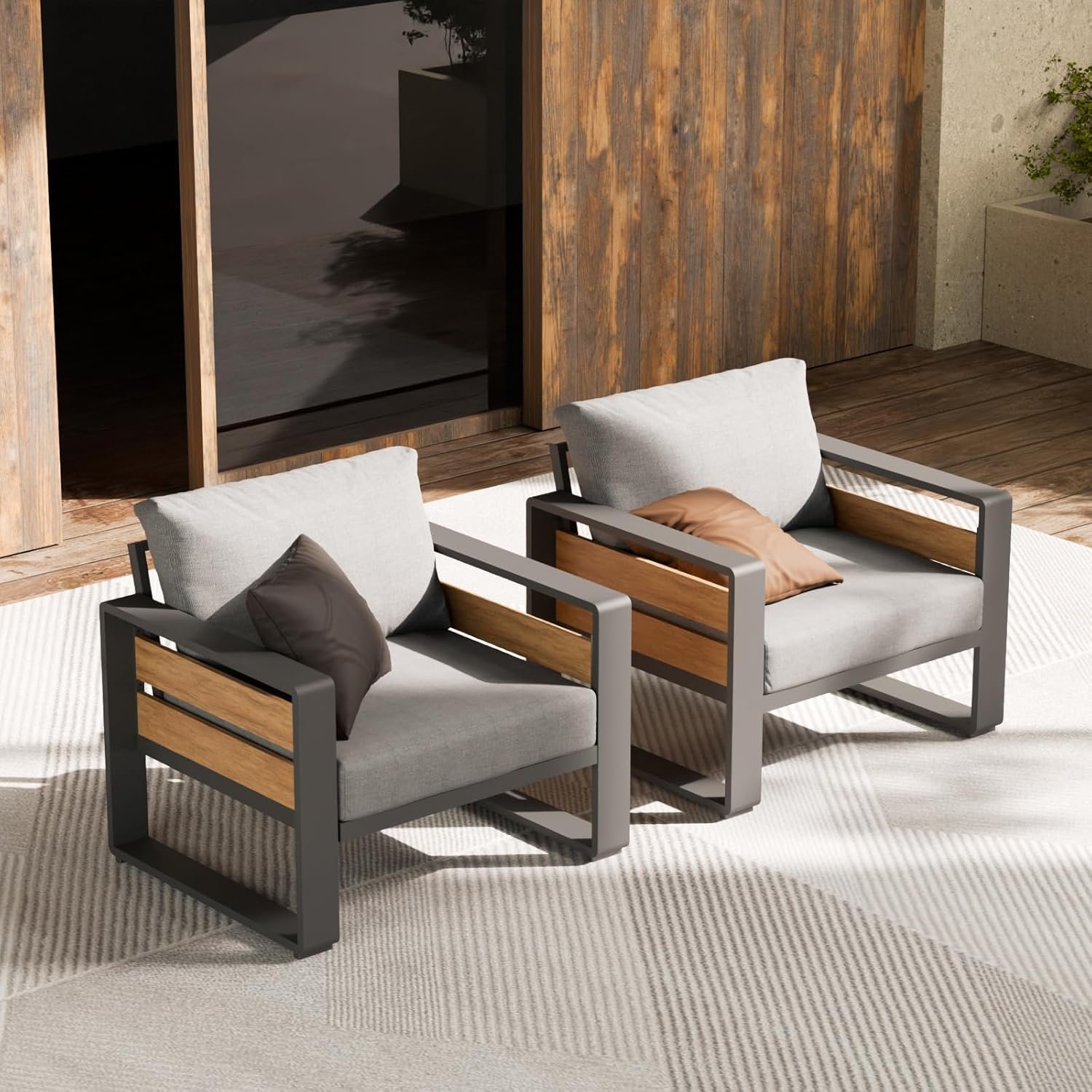 ZANDOR Aluminum Outdoor Patio Furniture – 2 Pcs Armchair, All-Weather Metal Modern Outside Furniture with Washable Thick Cushion for Garden/Backyard/Porch, Grey