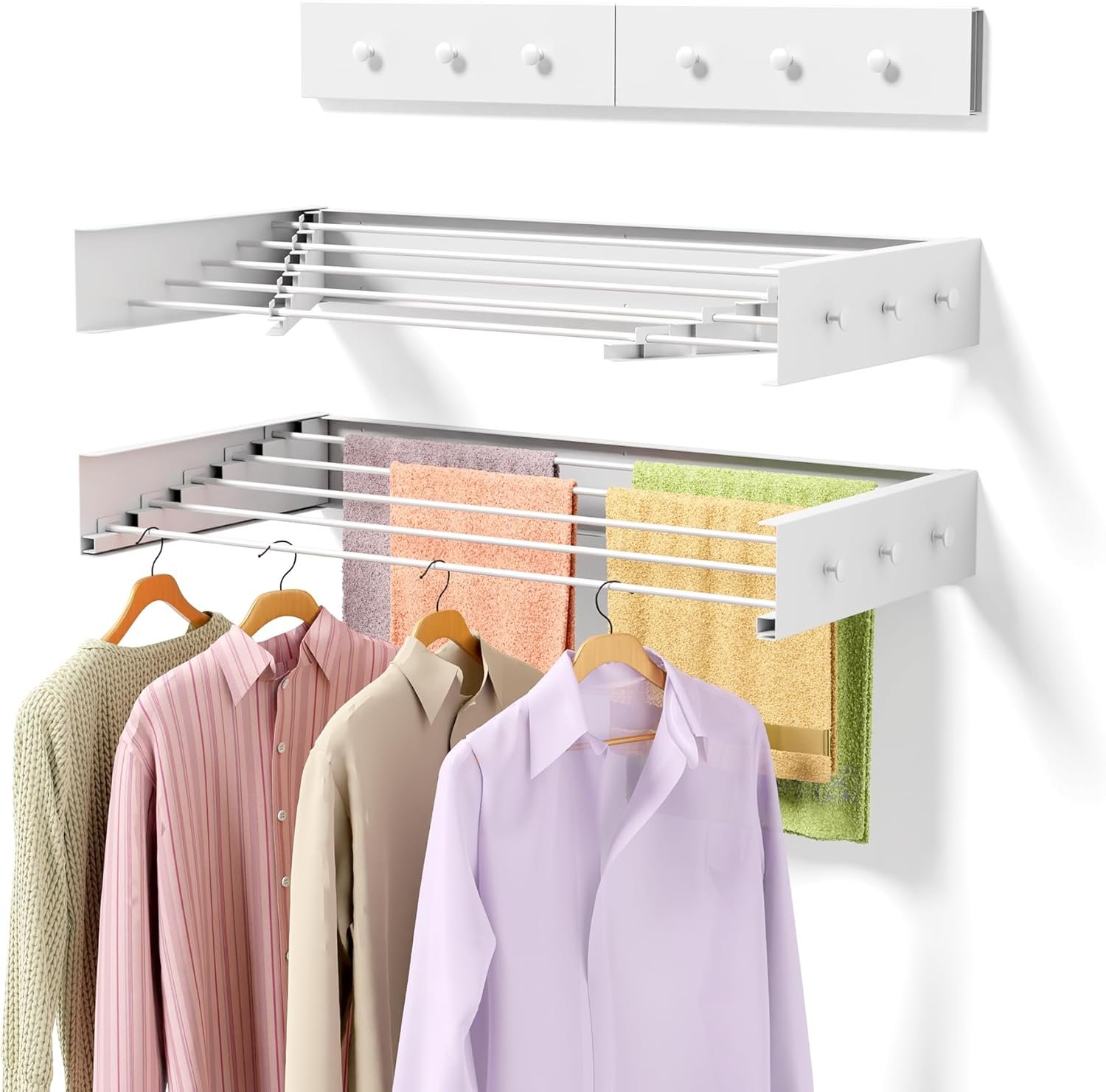 Upgrade Laundry Drying Rack, 31.5″ Drying Rack Clothing Wall Mounted,Foldable, 5 Aluminum Rods with 6 Hooks, Space-Saving White Collapsible Drying Racks Hanger for Laundry Bathroom