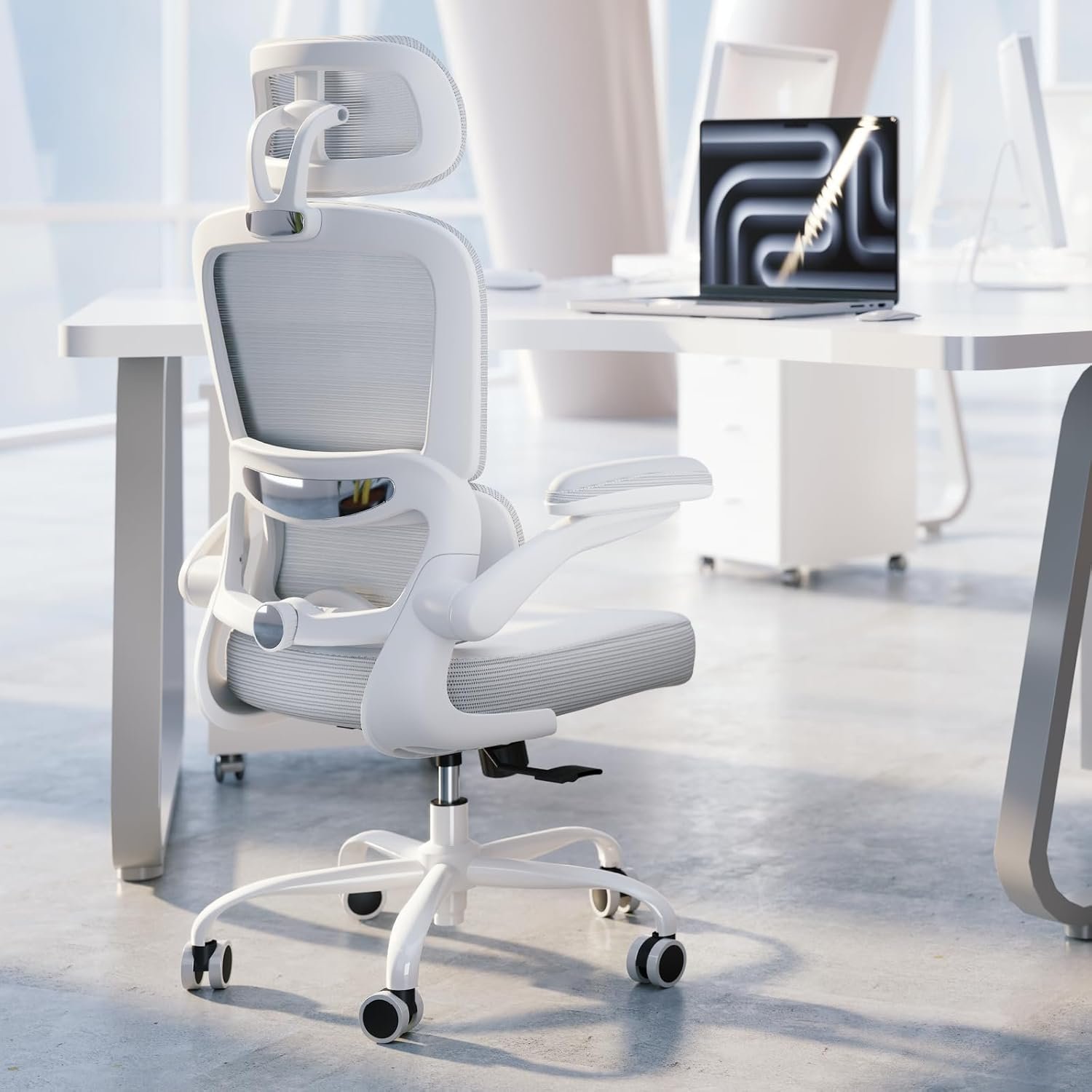 TRALT Ergonomic Office Chair – Desk Chair with Adjustable Headrest Lumbar Support Computer Chair – Mesh Comfy Chair with Flip-up Armrests – Gaming Chairs for Adults Home Office (Leather, White)