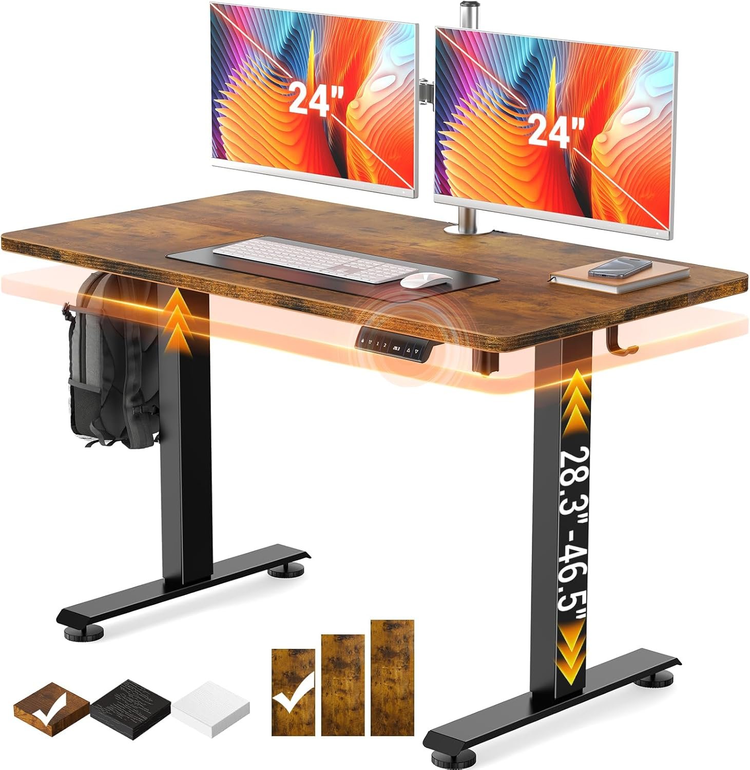 Veken 47.2″ Standing Desk, Adjustable Height Office Desk with Wood Desktop, Computer Table for Home Work, Study and Gaming, Small Spaces, Modern Furniture，Brown