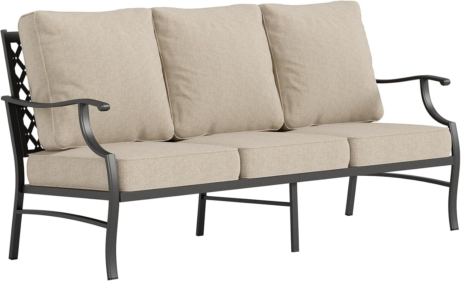 SUNSHINE VALLEY Metal Patio Furniture Sofa with 5.75″ Super-Thick Waterproof Cushion, 3-Seater Deep Seating & High-Back Outdoor Couch for Patio Backyard Deck Front Porch