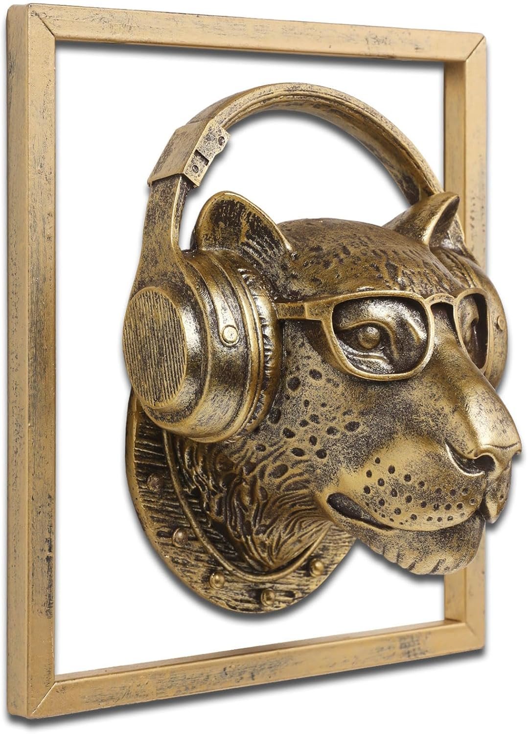 JJALIGHTS Exquisite Resin Animal Head Wall Sculpture (Gift Metal Frame) – Imitation Copper Vintage Decor for Living Room, Bedroom & Office | Decorative Wall Hanging Art (Leopard)