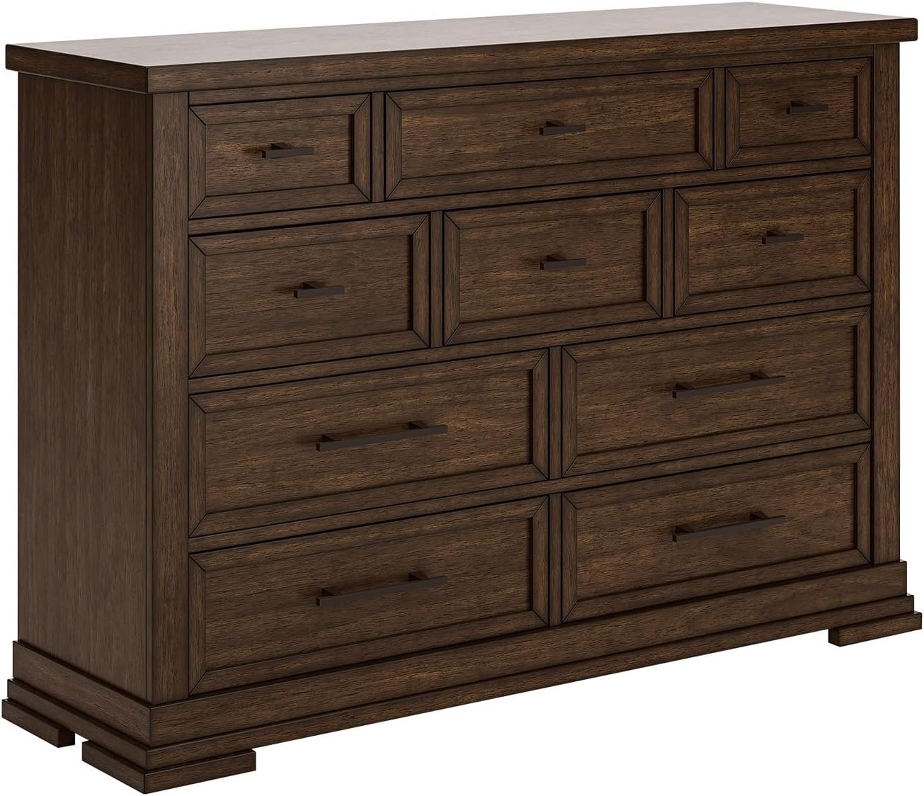 Signature Design by Ashley Taffenbrook Farmhouse 10-Drawer Bedroom Dresser with Felt-Lined Top Drawer for Jewelry and Delicates, Easy Glide Drawers, Picture Frame Moulding, Black Handles, Dark Brown