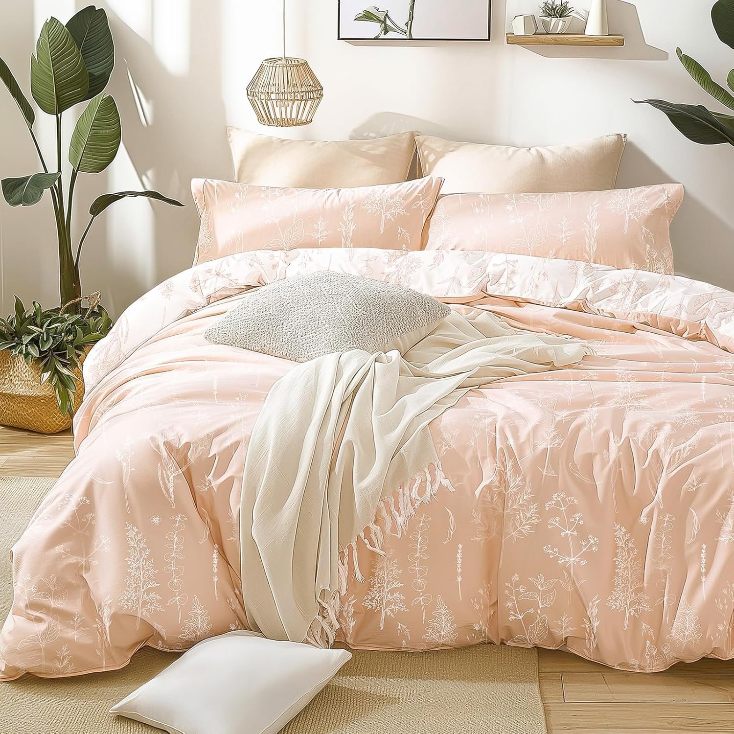Love’s cabin Pink Full Size Comforter Set – Full Comforter Set, 3 Pieces Cute Floral Bedding Sets for All Seasons,1 Soft Reversible Botanical Flowers Comforter and 2 Pillow Shams