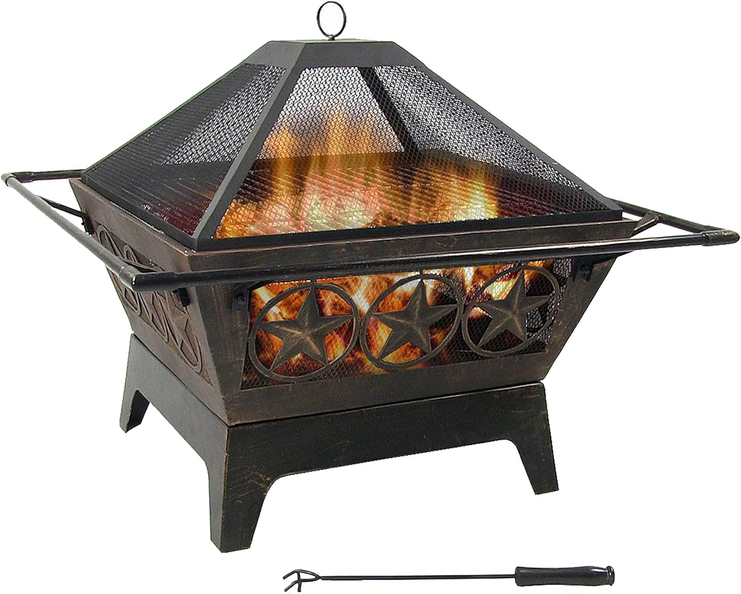 Sunnydaze Northern Galaxy 32-Inch Outdoor Fire Pit with Grill Grate, Spark Screen, and Poker – Heavy-Duty Wood-Burning Fire Pit for Outside