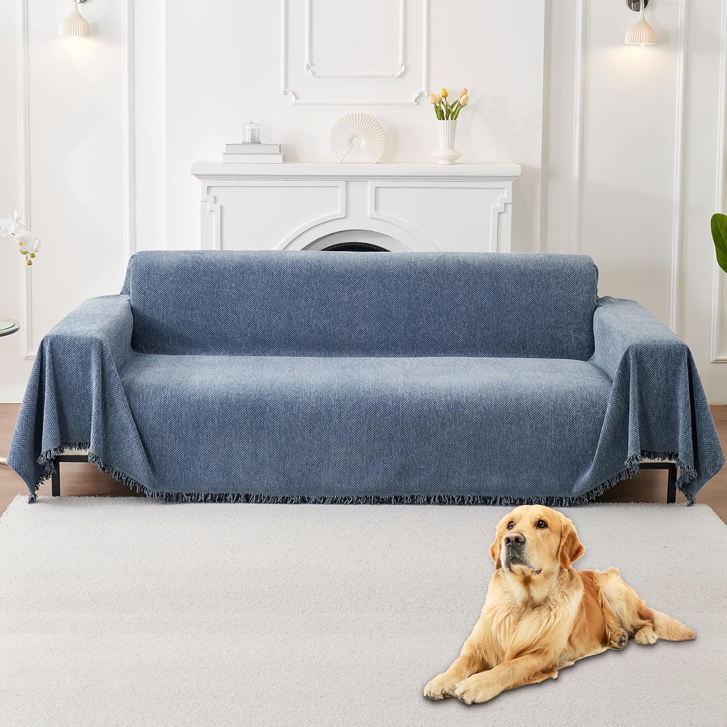 HAOMAIJIA Non Slip Couch Cover Sofa Covers for 3 Cushion Couch Washable sectional Couch Covers for Dogs pet Furniture Protector Couch Cover Blanket for Living Room (Blue, 91″x134″)