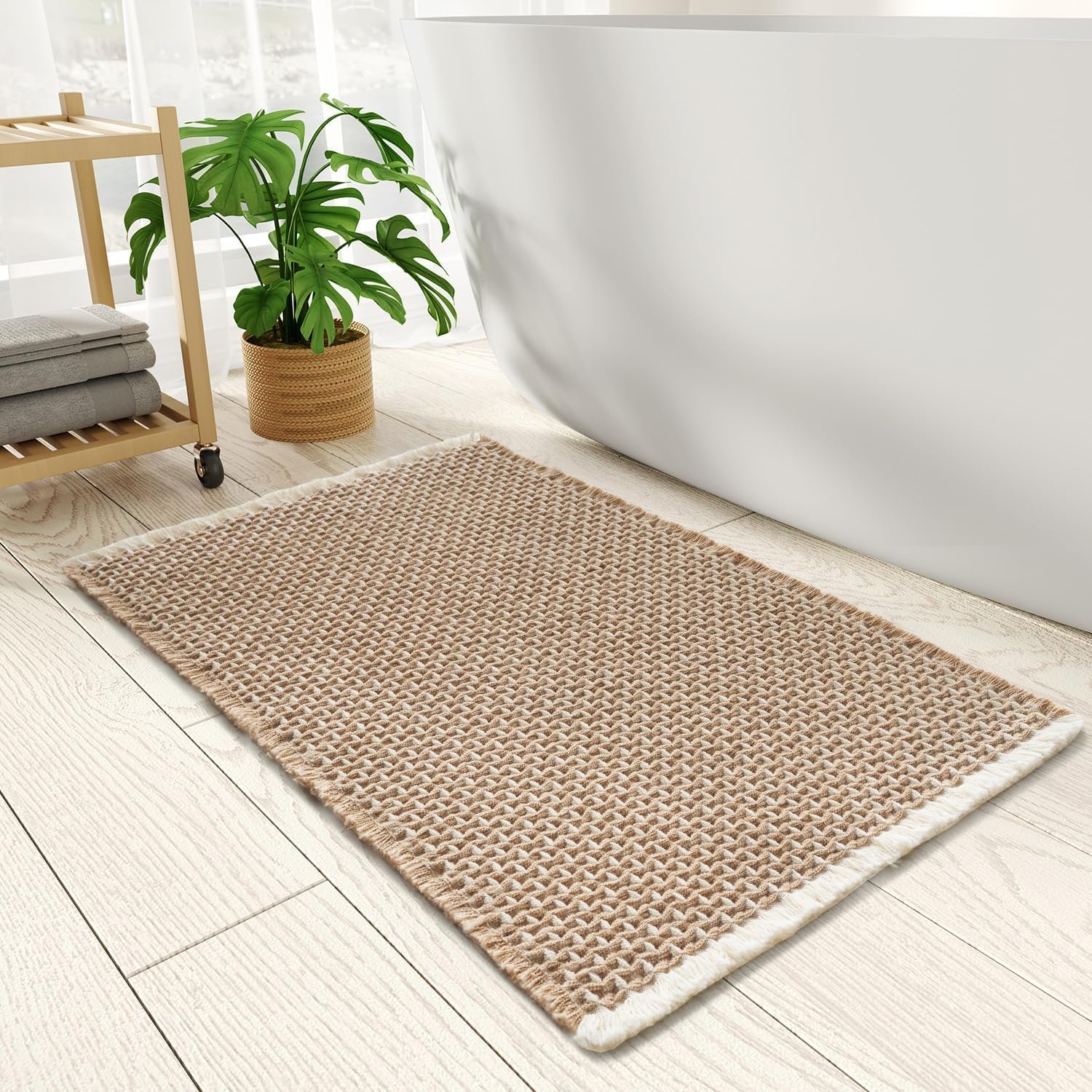 Checkered Bath Mat, Super Absorbent Non Slip Bath Mats for Bathroom Floor 3D Two Tone Woven Bathroom Mat with Tassels Machine Washable Bathroom Rugs Beside Tub, 17″ x 24″, Brown & Cream