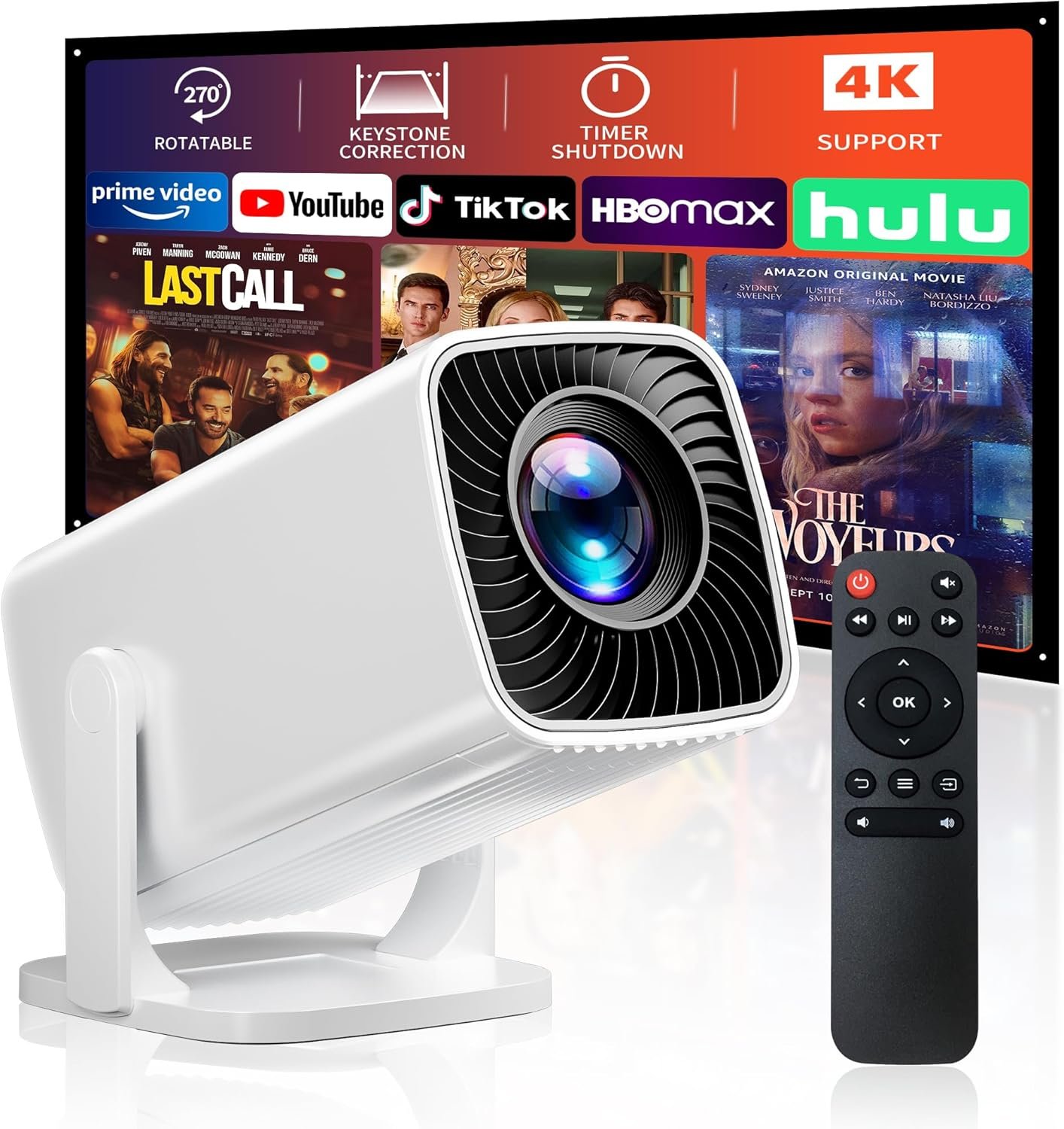 Mini Projector, Portable Projector 4K Support, Full HD 1080P Outdoor Projector, 270° Rotation Movie Projector, Compatible with Smartphone, TV Stick, Laptop, PS4, HDMI, USB (No WiFi or Bluetooth)