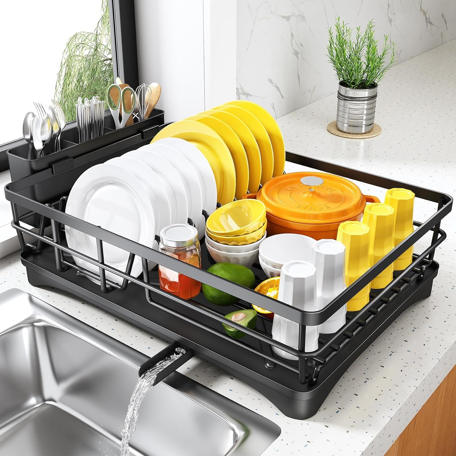 SNTD Dish Drying Rack for Kitchen Counter – Large Dish Rack with Drainboard, Rustproof Dish Drainer with Utensil Holder for Sink, Black