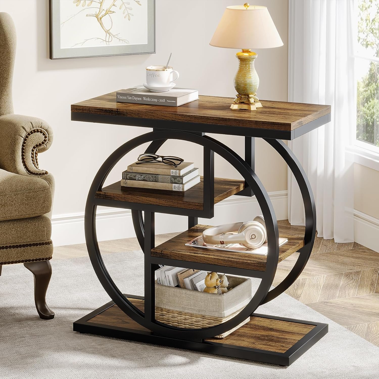 Tribesigns End Table for Living Room, 4-Tier Narrow Side Table with Storage Shelves, Industrial Bedside Table for Bedroom, Wood Small Sofa Side Table with Geometric Metal Frame (1 PC, Rustic Brown)