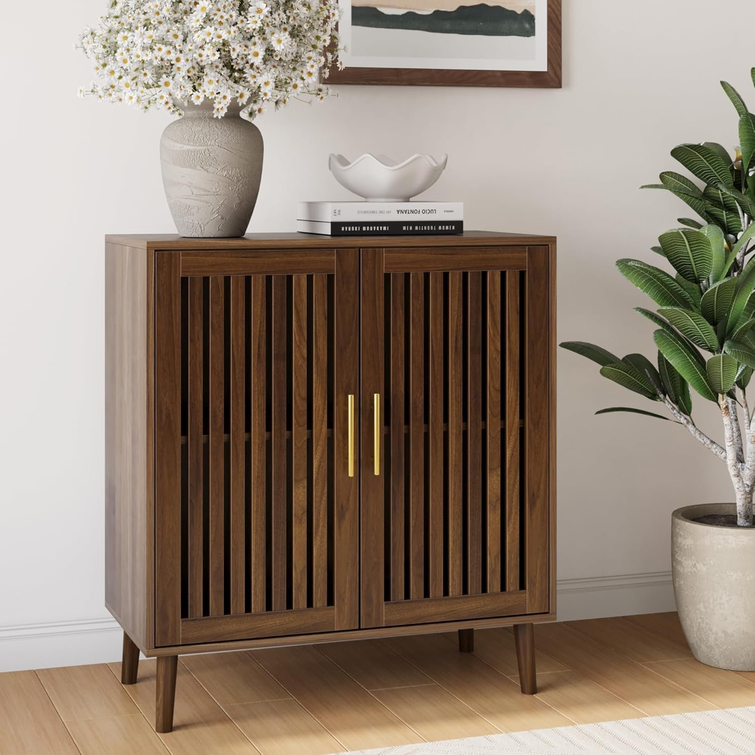Sideboard Cabinet, 31.5″ W Farmhouse Buffet Cabinet with Slatted Doors & Adjustable Shelf, Wood Coffee Bar Storage Station for Kitchen, Dining Room, Living Room, Entryway, Walnut Color