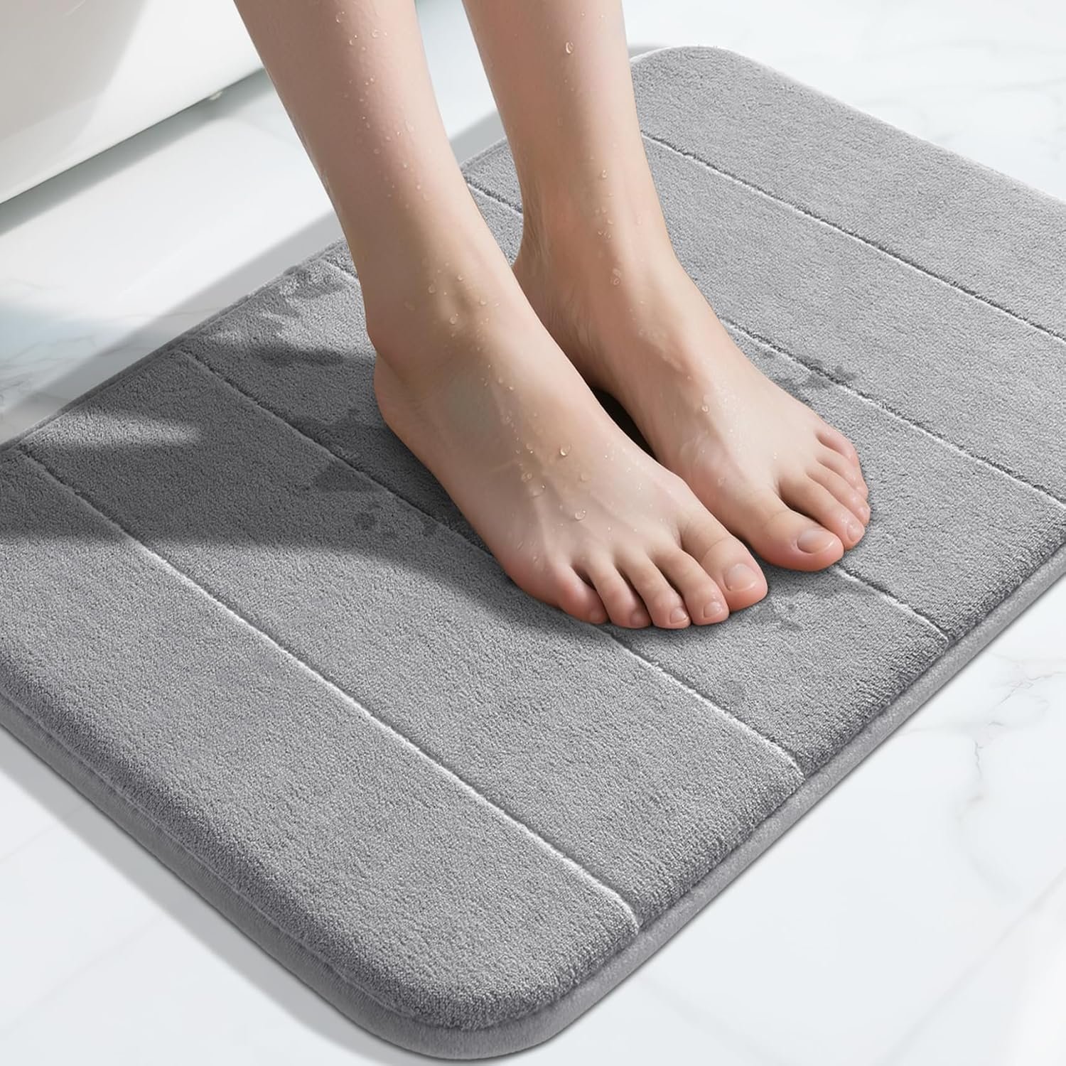 Yimobra Memory Foam Bath Mat, Super Soft Absorbent Bathroom Rug Non Slip, Quick Dry, Machine Washable Floor Carpet for Tub Shower, Home Decor Accessories, 24×17, Grey
