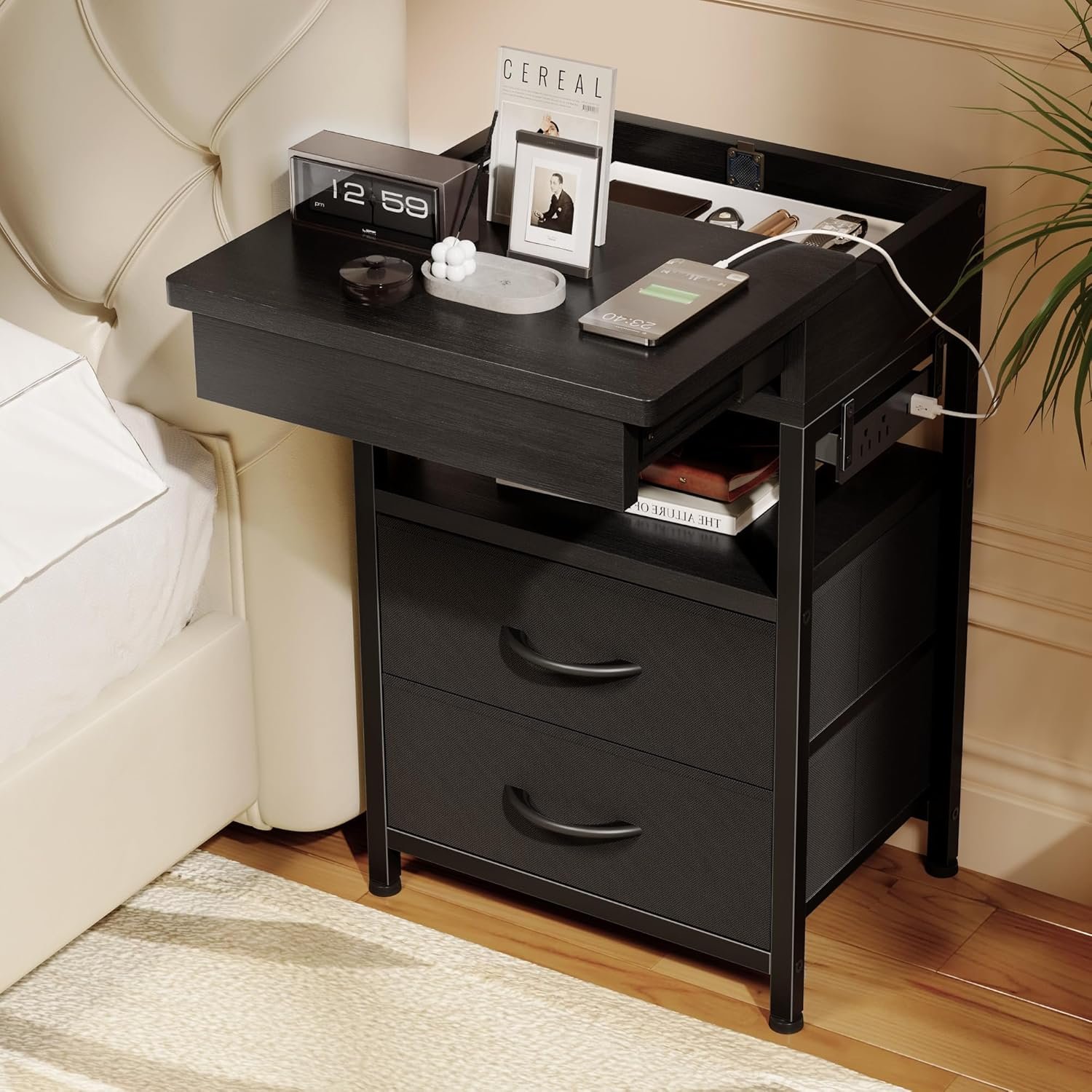 Nightstand Hidden Drawer Charging Table – Night Stand with Charger Station and Sliding Top Storage, Morden Bedside Table with 2 Fabric Drawers, for Dorm Living Room Bedroom, Black
