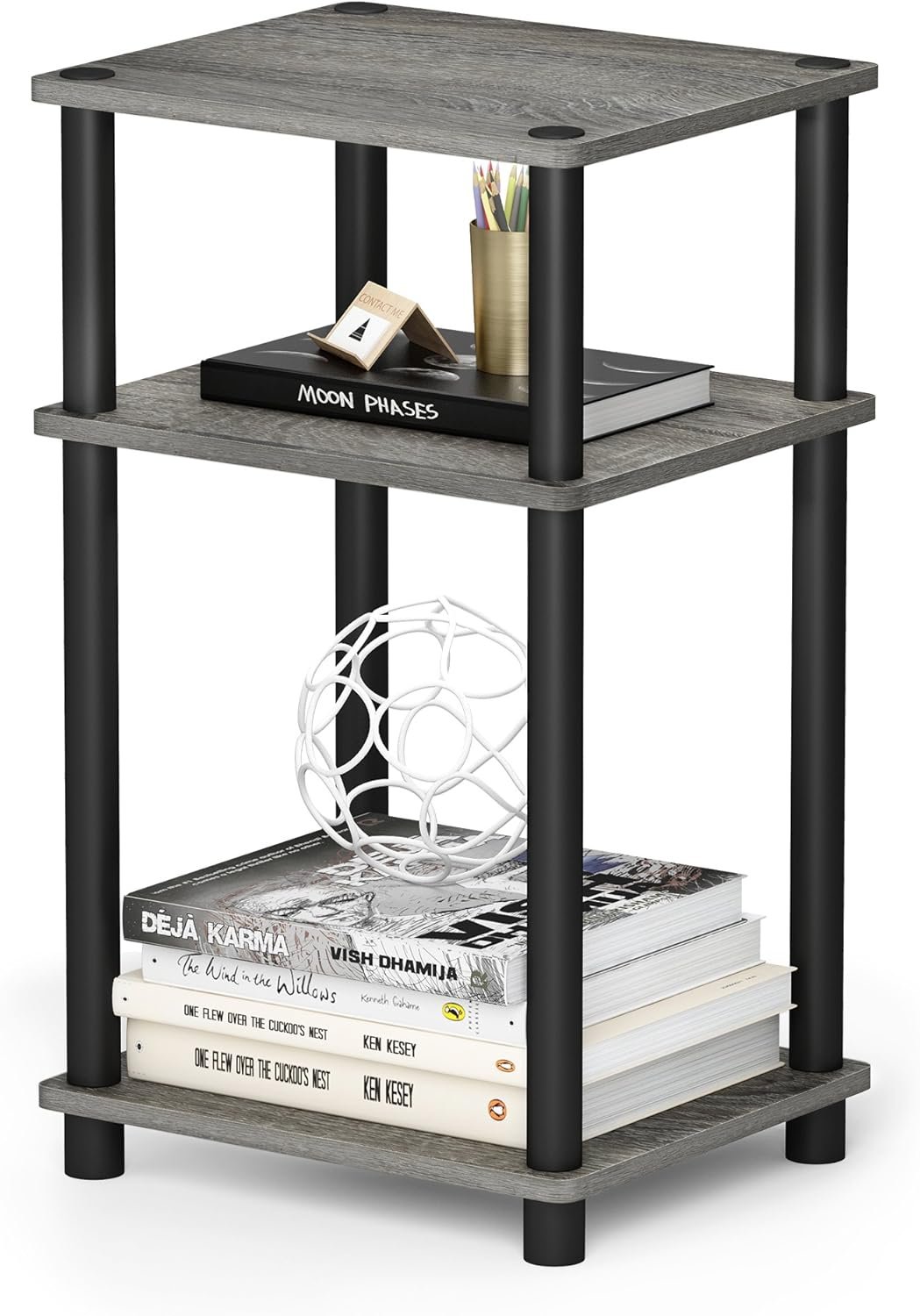 Furinno JUST Side Table, 3-Tier End Table, Open Shelves Night Stand, Bedside Table, Toolless Assembly, for Living Room, Bedroom, Bathroom, French Oak