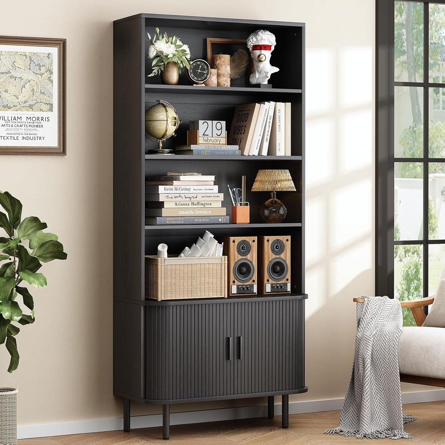 ONBRILL 71″ Tall Bookshelf, 4-Tier Bookcase with Storage Cabinet & Adjustable Shelves, Floor Standing Wooden Bookshelf with Sliding Door and Adjustable Footpad, for Home Office, Living Room, Black