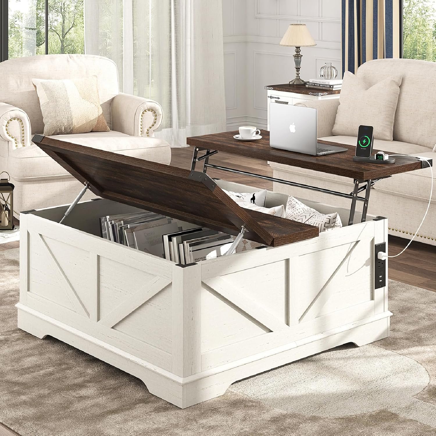 40” Large Farmhouse Lift Top Coffee Table with Power Outlets and Large Hidden Storage, Square Wood Living Room Tables, Multi-Function Lift Wooden Barn Door Center Table, Rustic White