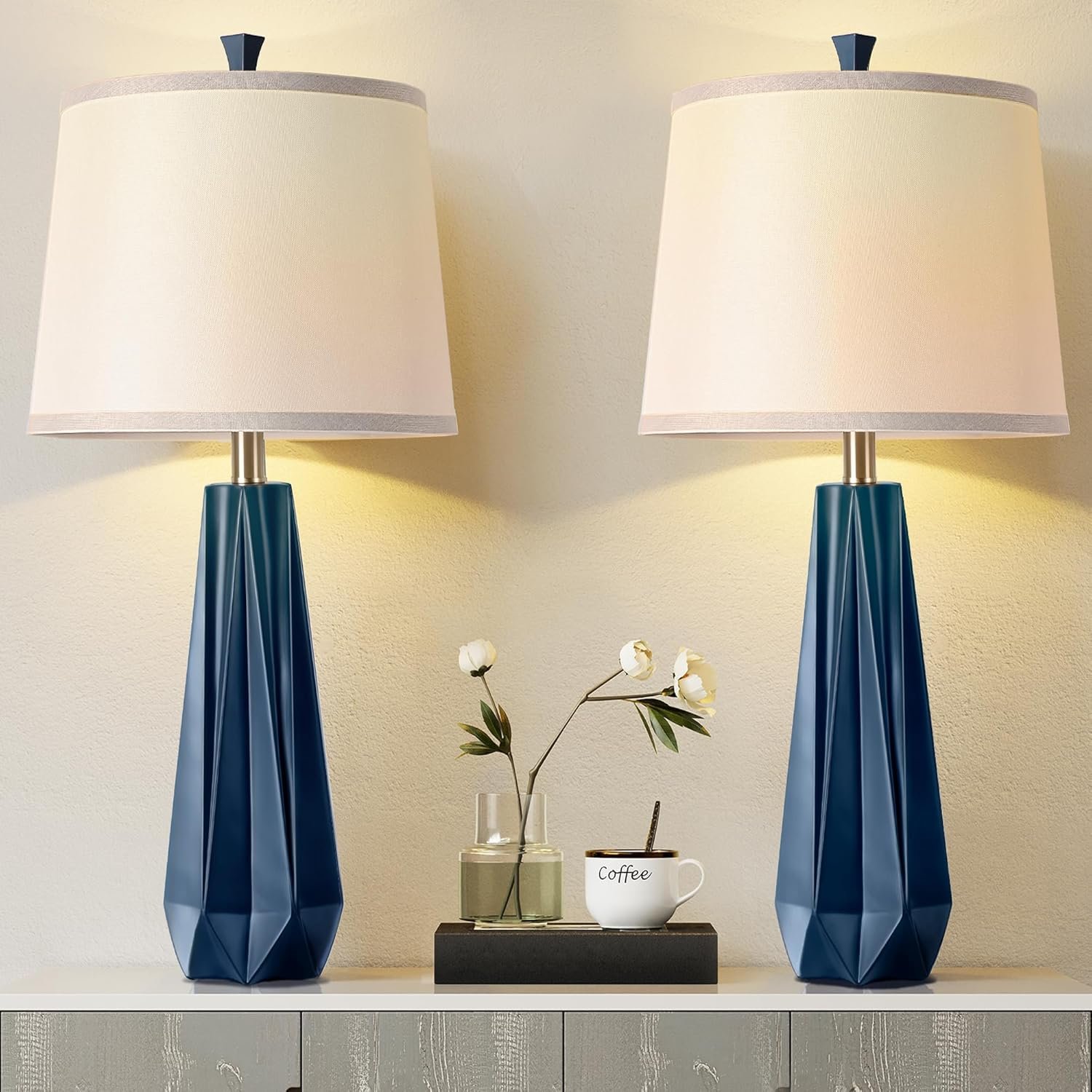 WIHTU 3 Color Temperature Table Lamps Set of 2, 27” Navy Blue Modern Table Lamp for Living Room, Beside Lamp with Linen Shade, Resin Desk Lamp for Nightstands Bedroom Office Decor (2 Bulbs Included)