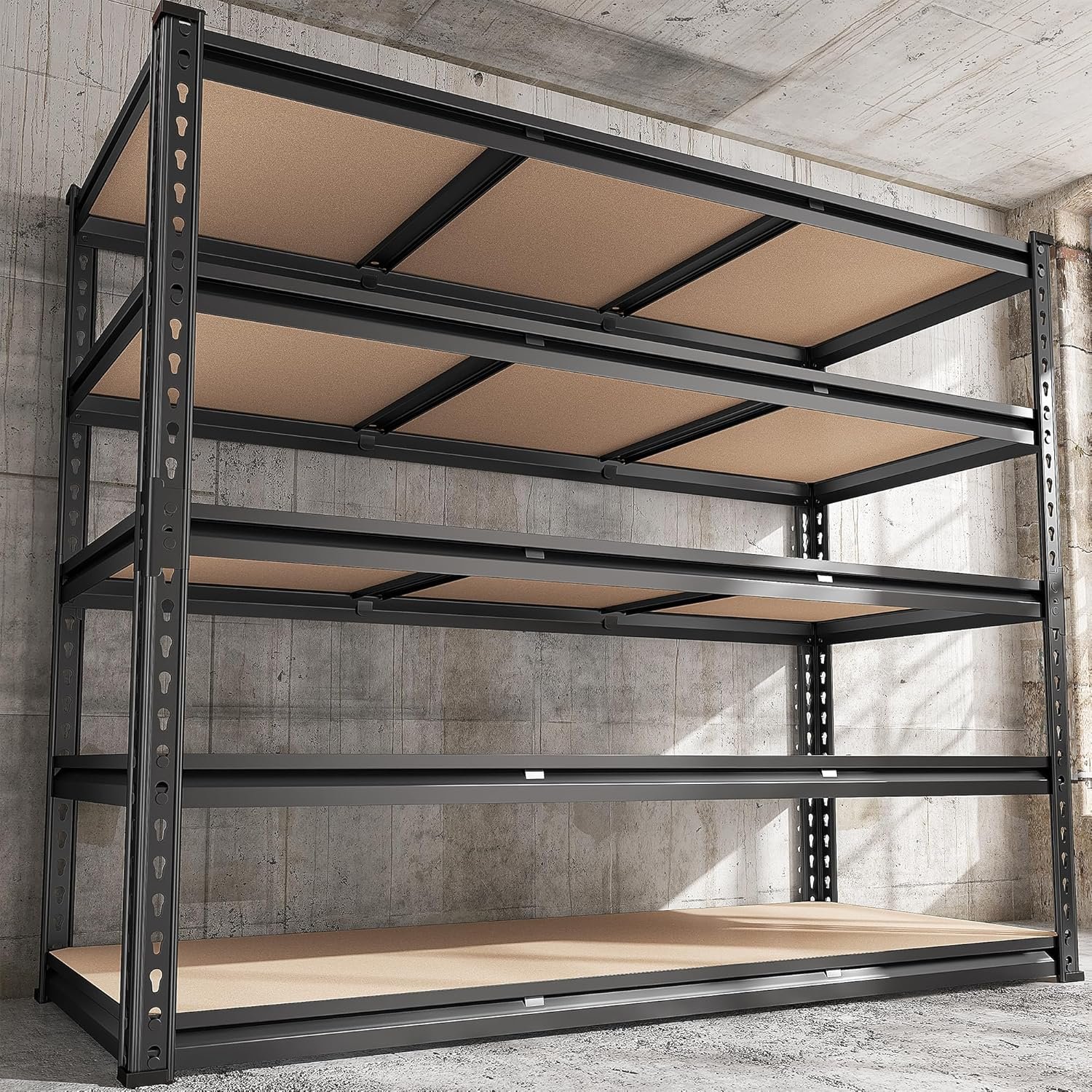 REIBII 48″ W Garage Shelving 3020LBS Storage Shelves 5 Tier Industrial Shelving Adjustable Metal Storage Shelves for Garage, Basement, Warehouse, Commercial, Easy Assemble, 48″ W x 72″ H x 24″ D