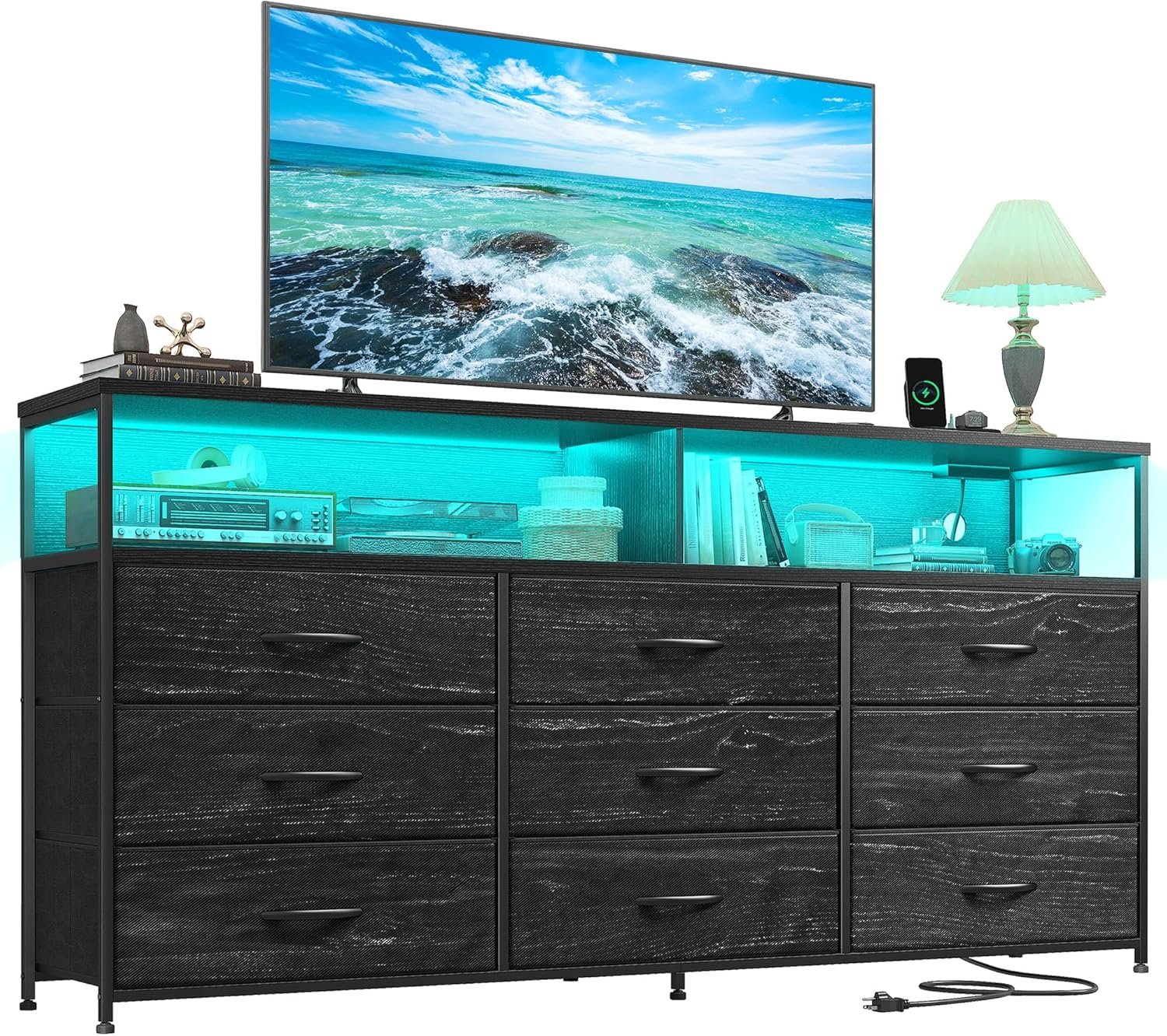55″ W Dresser for Bedroom with 9 Drawers, LED TV Stand with Power Outlets for 45, 55, 65 Inch TV, Sturdy Long Chest of Drawers with Extra 2 Wooden Shelves, Grain Black