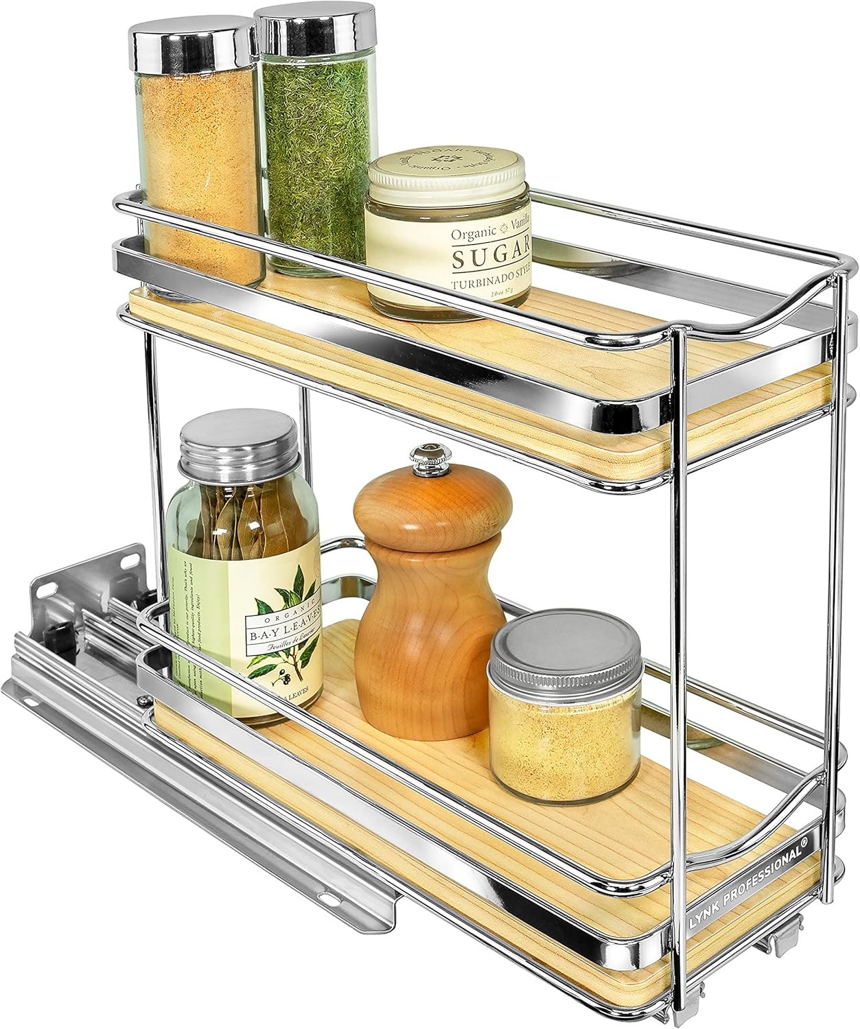 LYNK PROFESSIONAL® Élite™ Pull Out Spice Rack Organizer for Inside Kitchen Cabinets – 4-3/8 inch Wide – Slide Out Drawer – Wood/Chrome Sliding Spice Cabinet Organization Shelf Racks – 2 Tier
