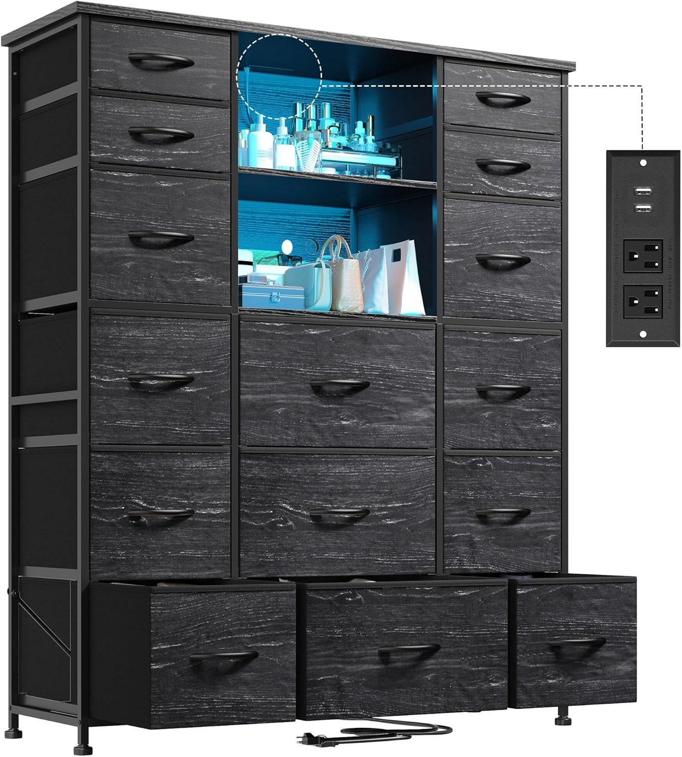 EnHomee 51″ H Dresser with 15 Drawers Dresser for Bedroom with Charging Station & LED Lights & Hutch Sturdy Black Bedroom Dressers, Steel Frame, Wood Top, 51.2″ H x 39.3″ W x 11.8″ D