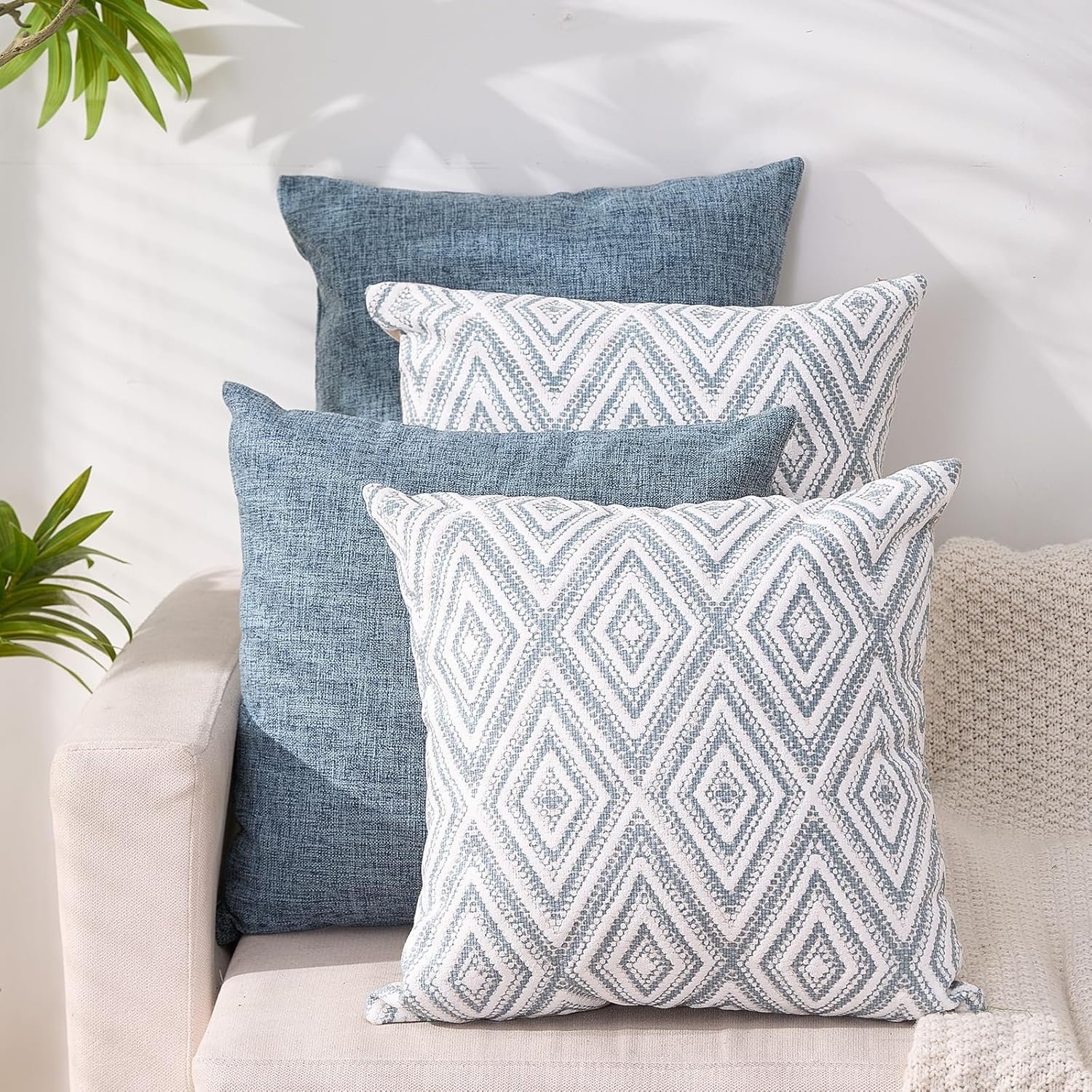 HPUK Decorative Throw Pillow Covers Set of 4 Square Couch Pillows Linen Cushion Cover for Couch Sofa Living Room, 18″x18″ inches, Blue